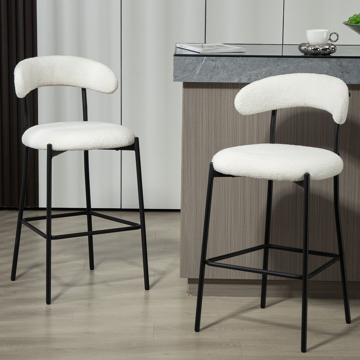 Counter Height Bar Stools Teddy Fabric Cover Kitchen Island Counter Bar Stool With Black Powder Coating Base And Footrest - Snow