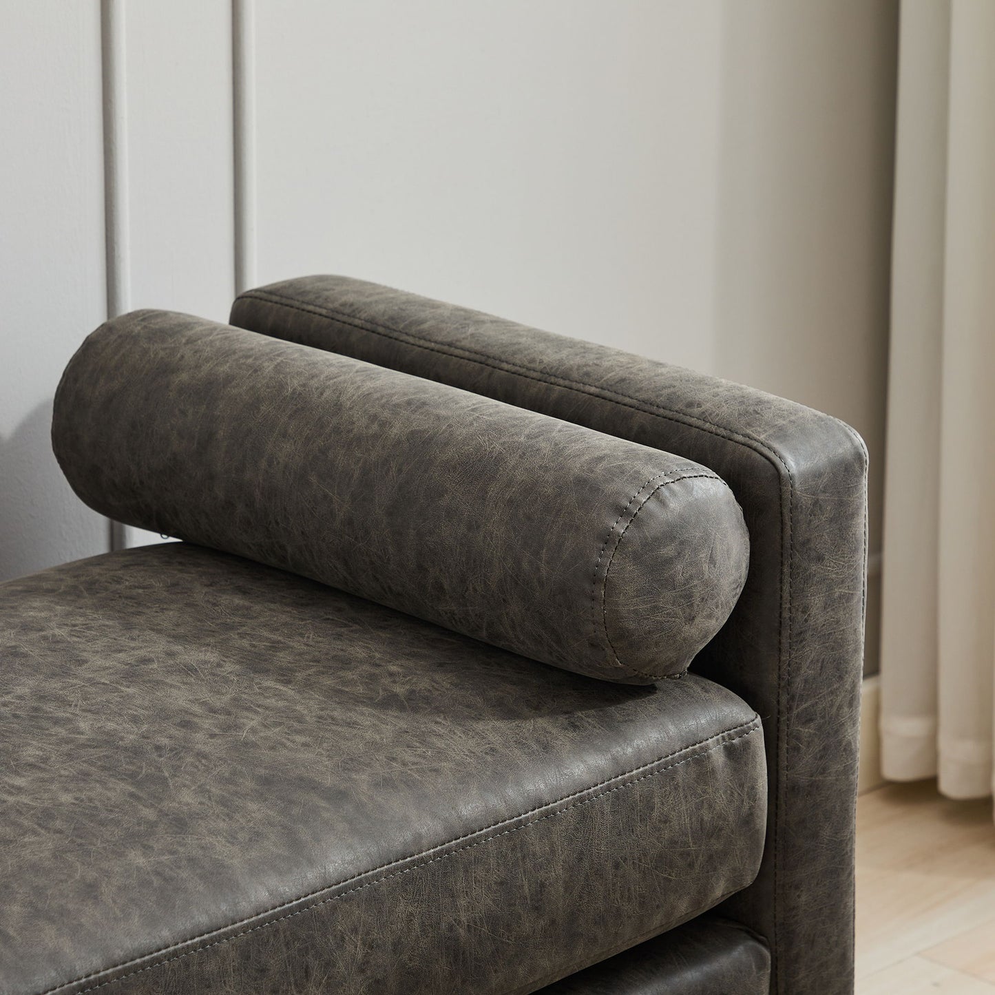 Elegant Upholstered Bench, Daybed, Ottman With Wood Legs & 2 Bolster Pillows For Bedroom, Living Room, Entryway - Gray