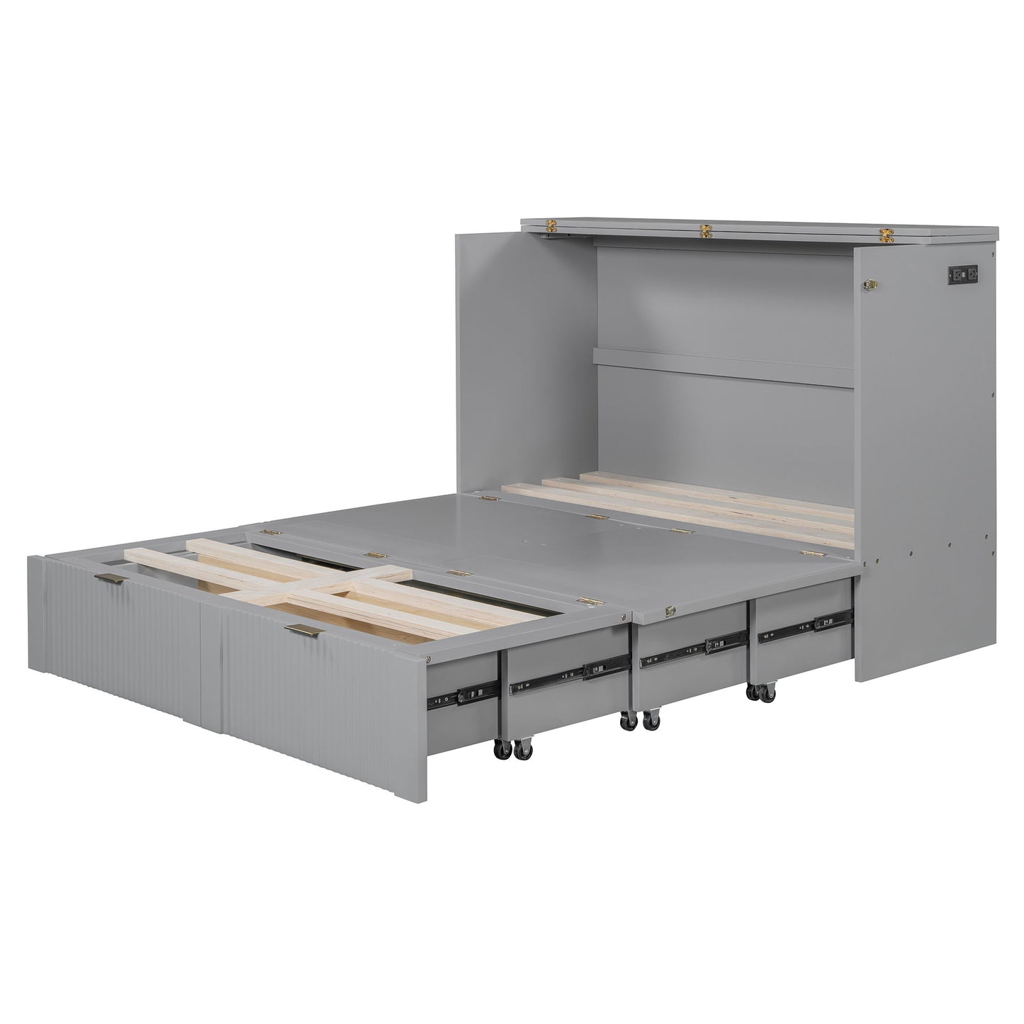Full Size Murphy Bed With Drawer And A Set Of Sockets & USB Ports, Pulley Structure Design - Gray