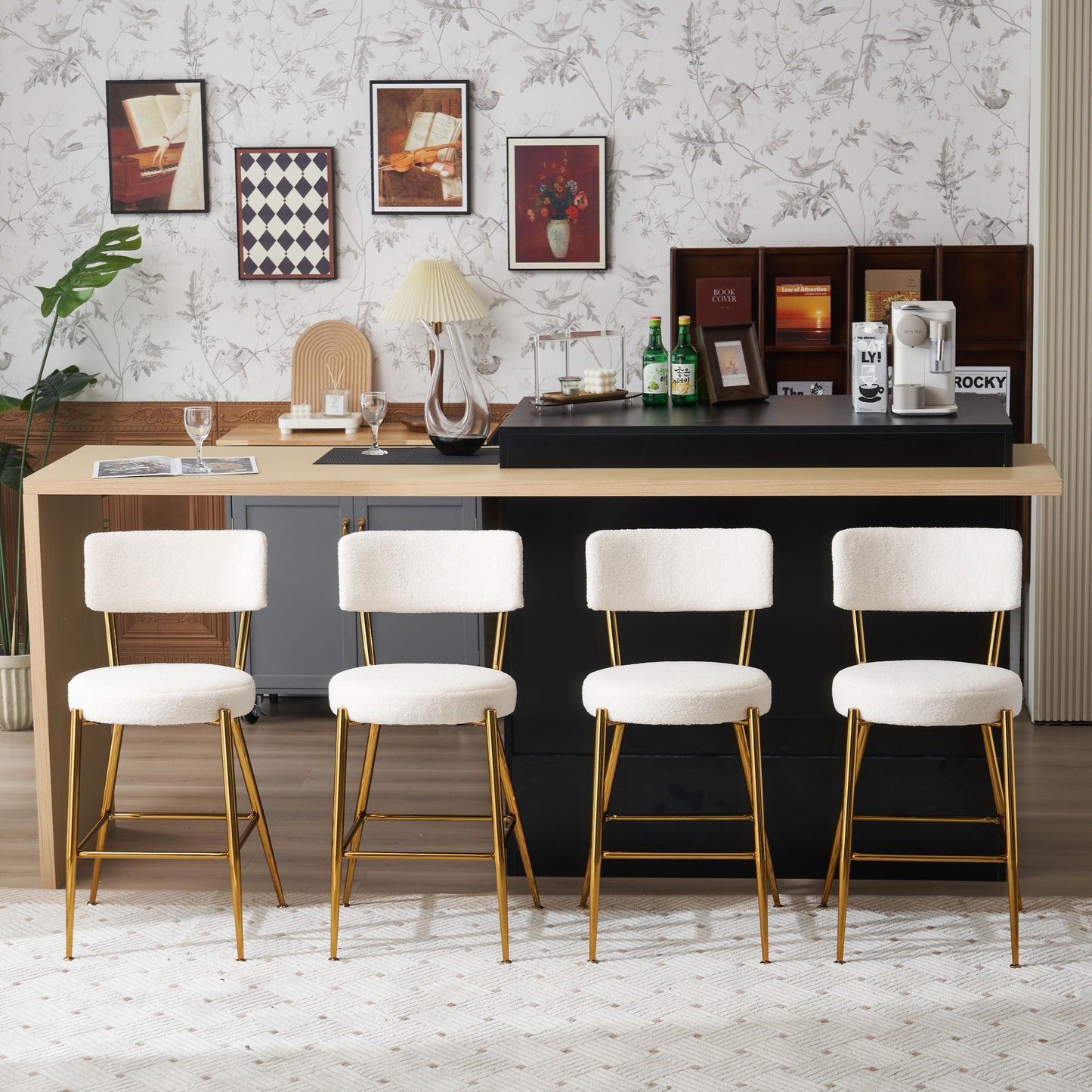 Modern Teddy Fabric Upholstered Bar Stools (Set of 4) - White / Gold