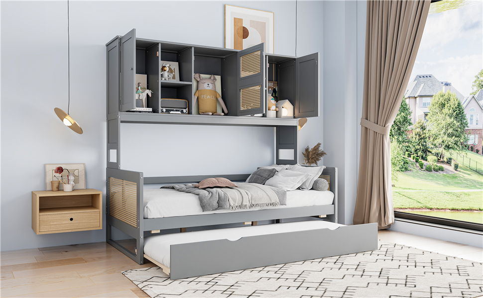 Twin Size Wooden Daybed With Twin Size Trundle, And All In One Cabinet And Shelf - Gray