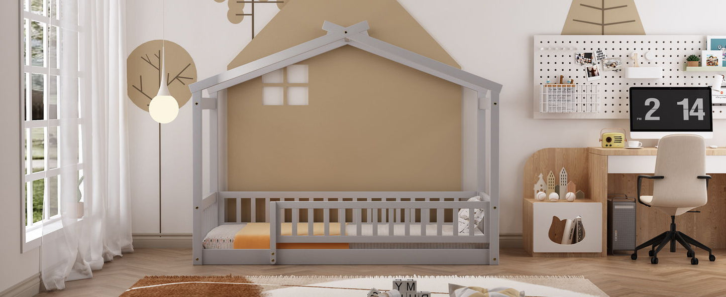Twin Size Bed House Bed Frame With Fence - Gray