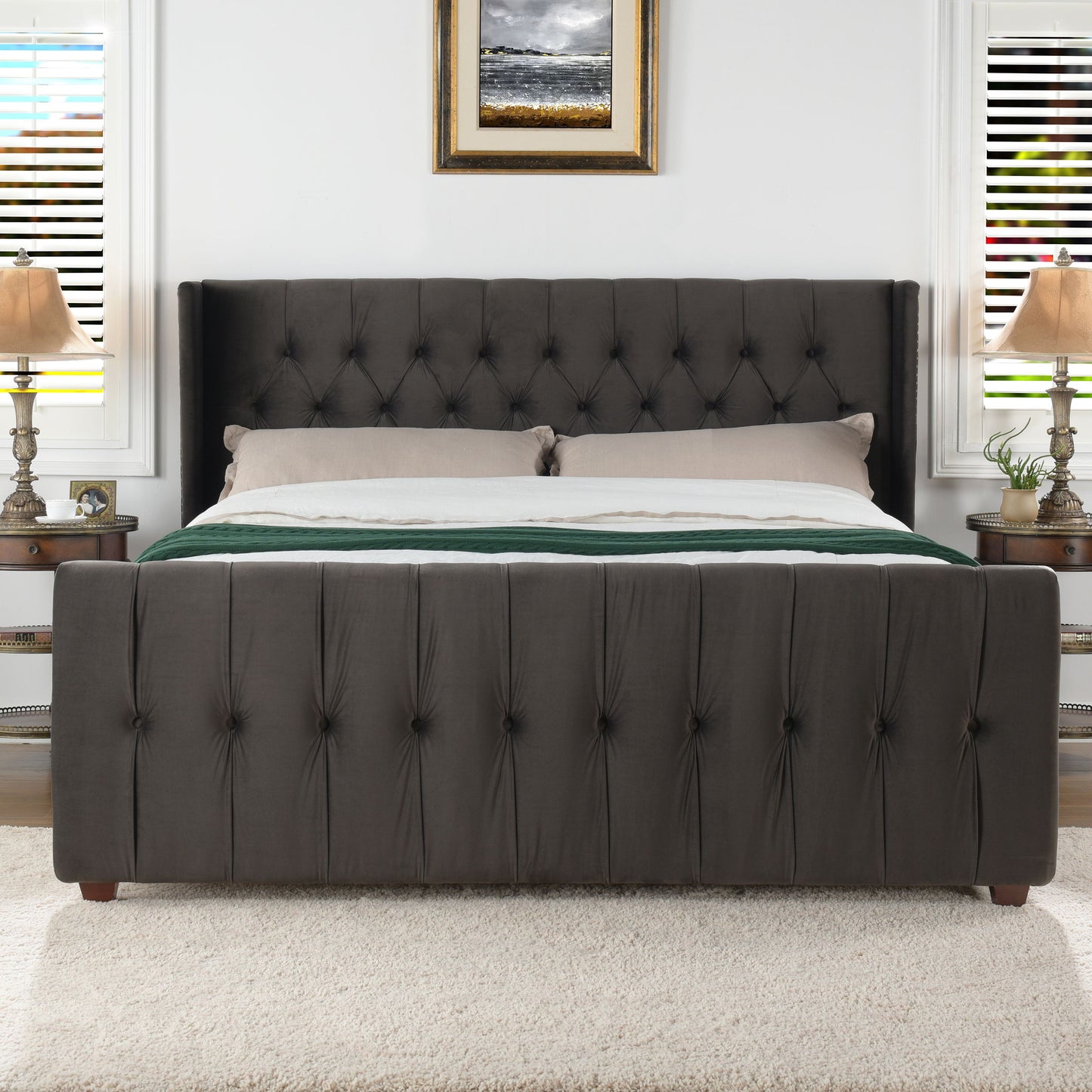 David - King Tufted Wingback Bed - Dark Charcoal Gray