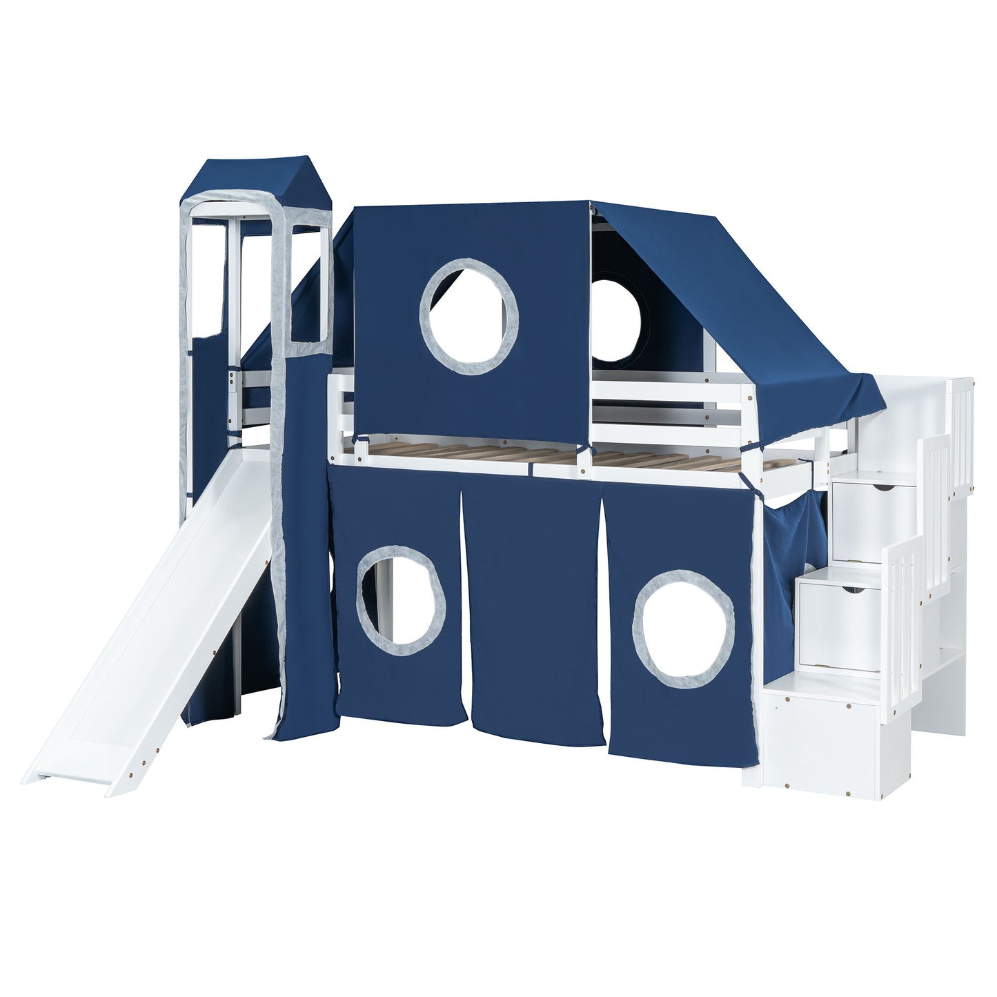 Twin Size Loft Bed With Tent And Tower - Blue