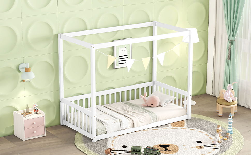 Twin Size Canopy Frame Floor Bed With Fence, Guardrails - White