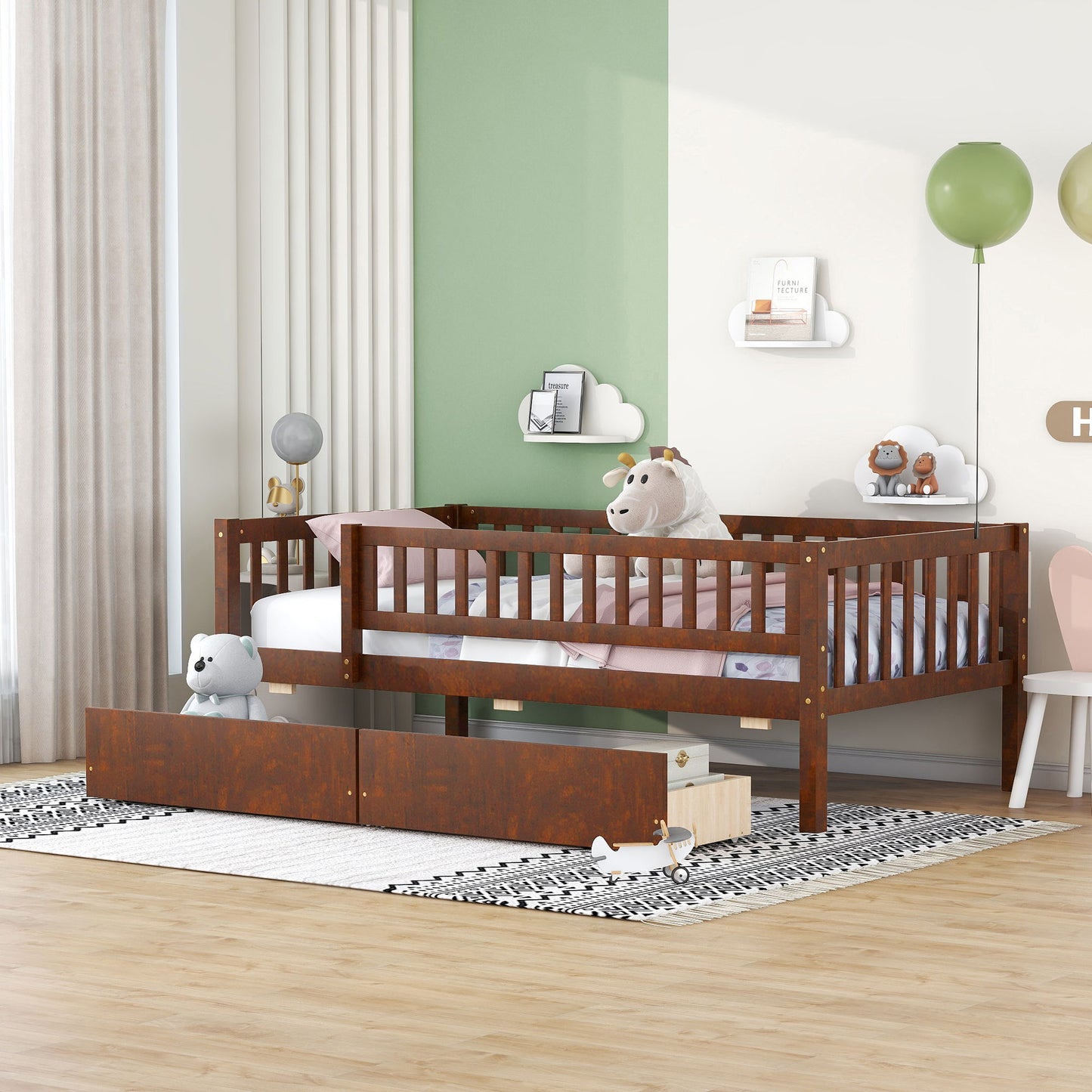 Twin Size Daybed Bed With Two Drawers - Walnut