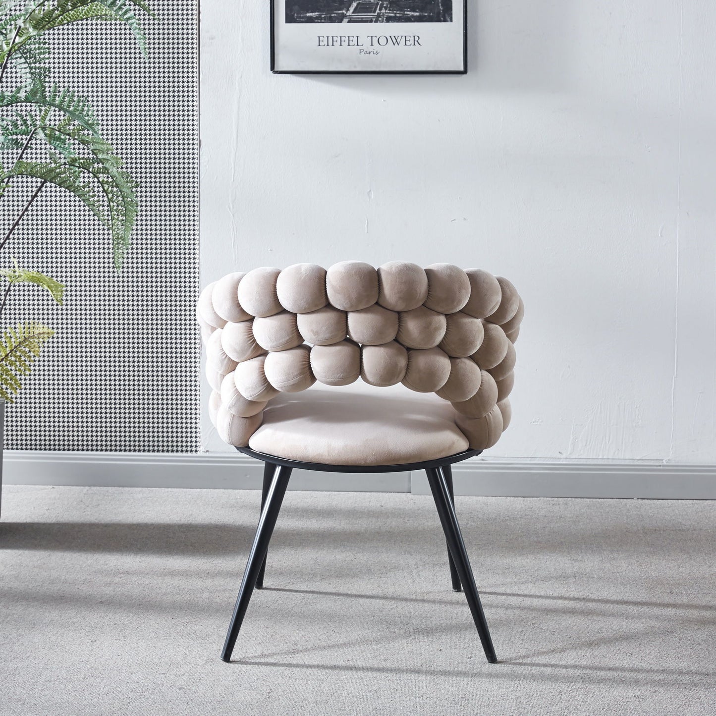 Modern Chair With Golden Color Iron Tube Legs, Soft Cushions And Comfortable Backrest, Suitable For Dining Room, Living Room, Cafe, Hairball Back (Set of 2) - Beige / Black