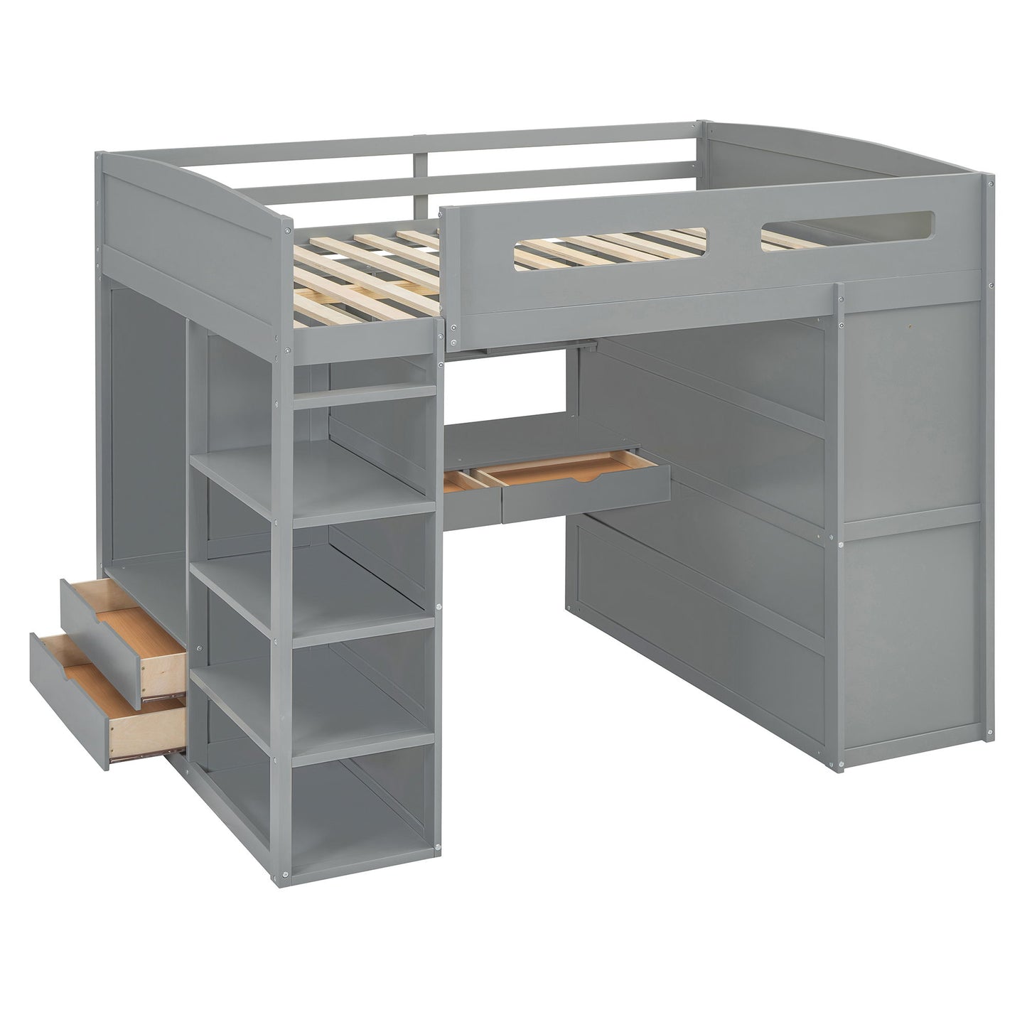 Full Size Loft Bed With Desk, Wardrobes, 4 Drawers And 4 Shelves - Gray