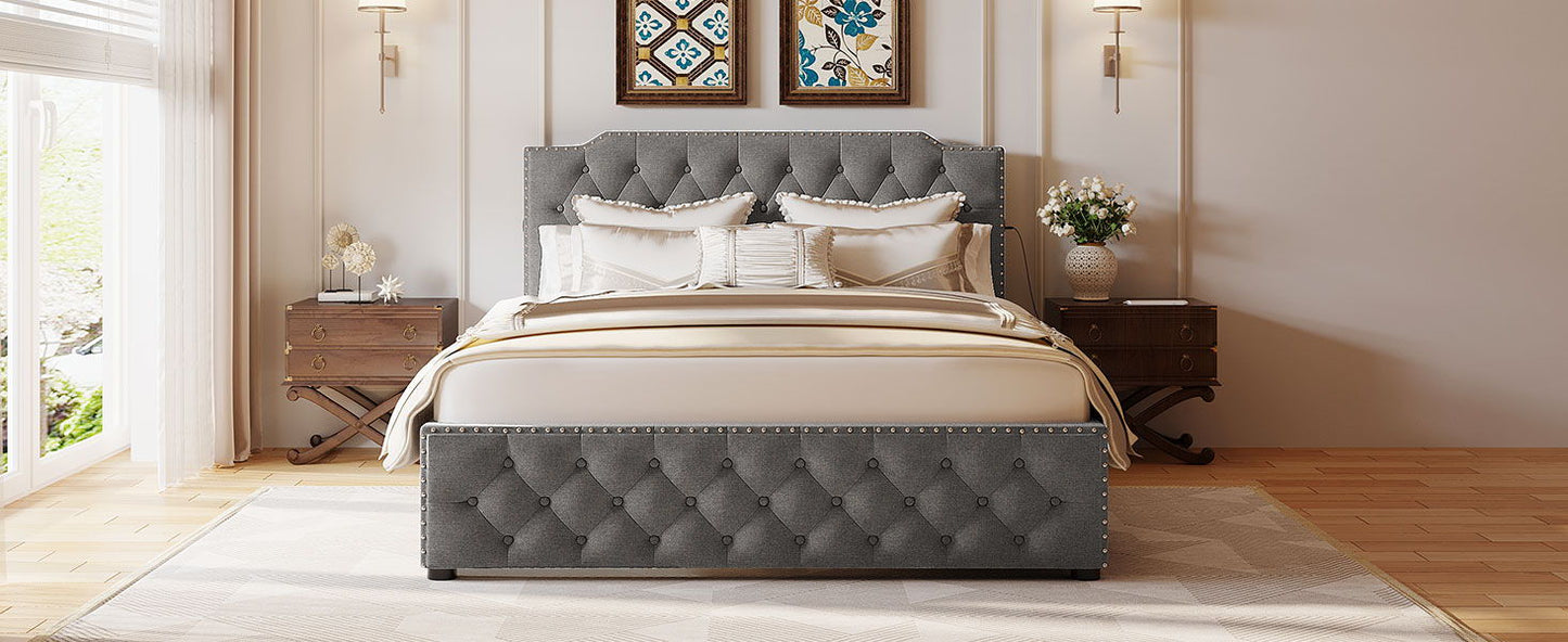 Queen Size Upholstered Platform Bed With 2 Drawers And 2 Sets Of USB Ports On Each Side - Gray