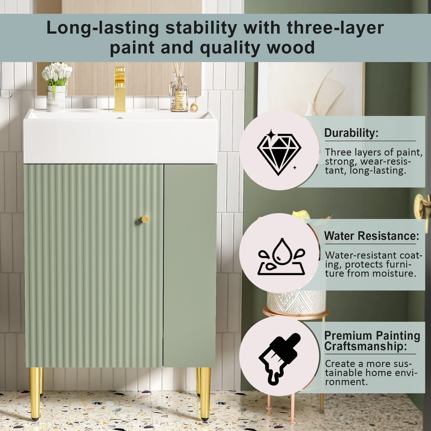 Bathroom Vanity, Combo Cabinet, Bathroom Storage Cabinet, Single Ceramic Sink, Right Side Storage - Green