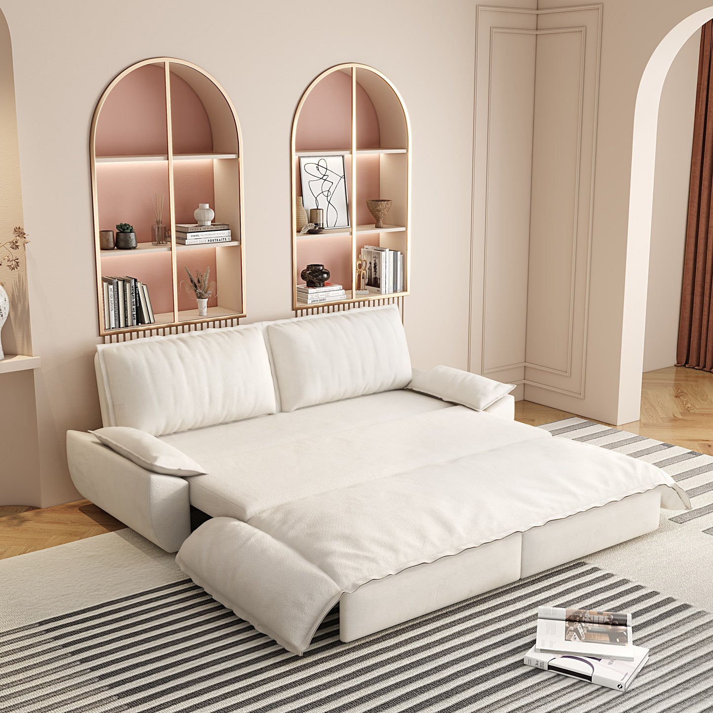 Queen Pull Out Sofa Bed, 3 In 1 Convertible Sleeper Sofa Multifunctional Velvet Loveseat Bed - Beige