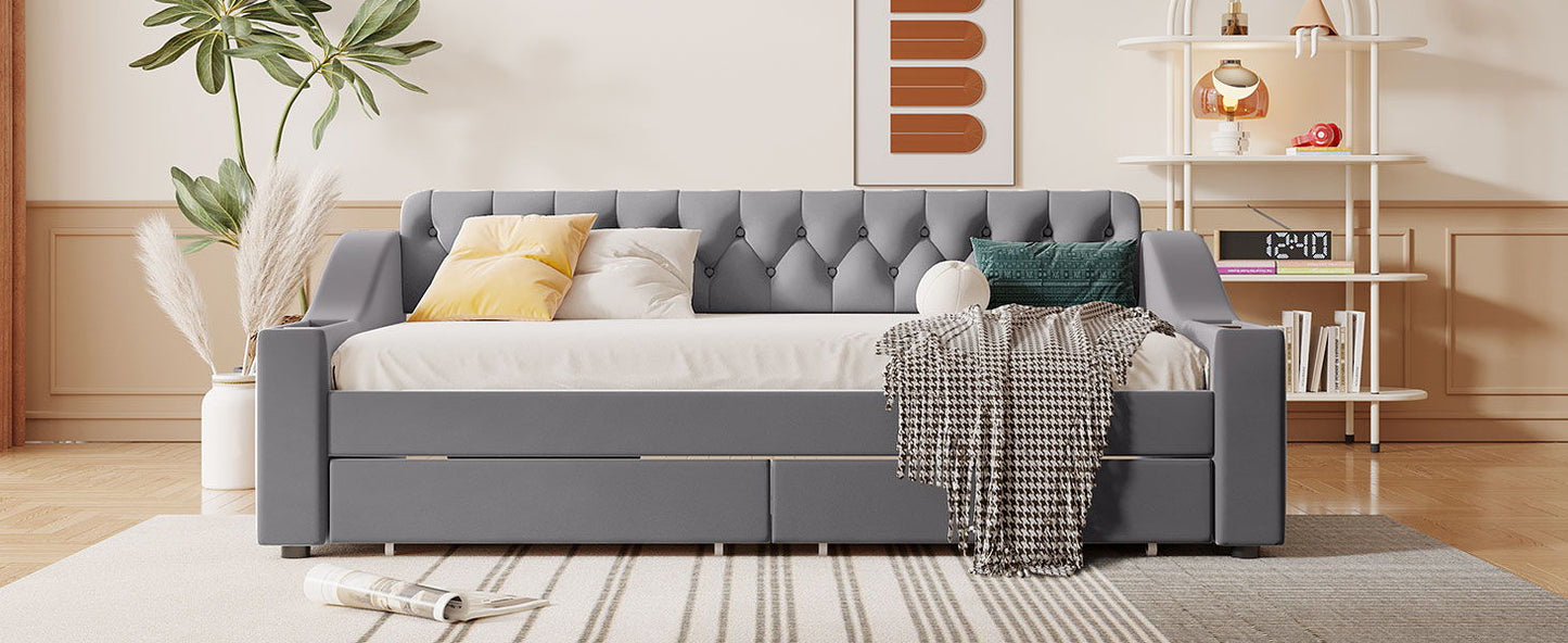 Twin Size Upholstered Daybed With Storage Armrests And USB Port - Gray