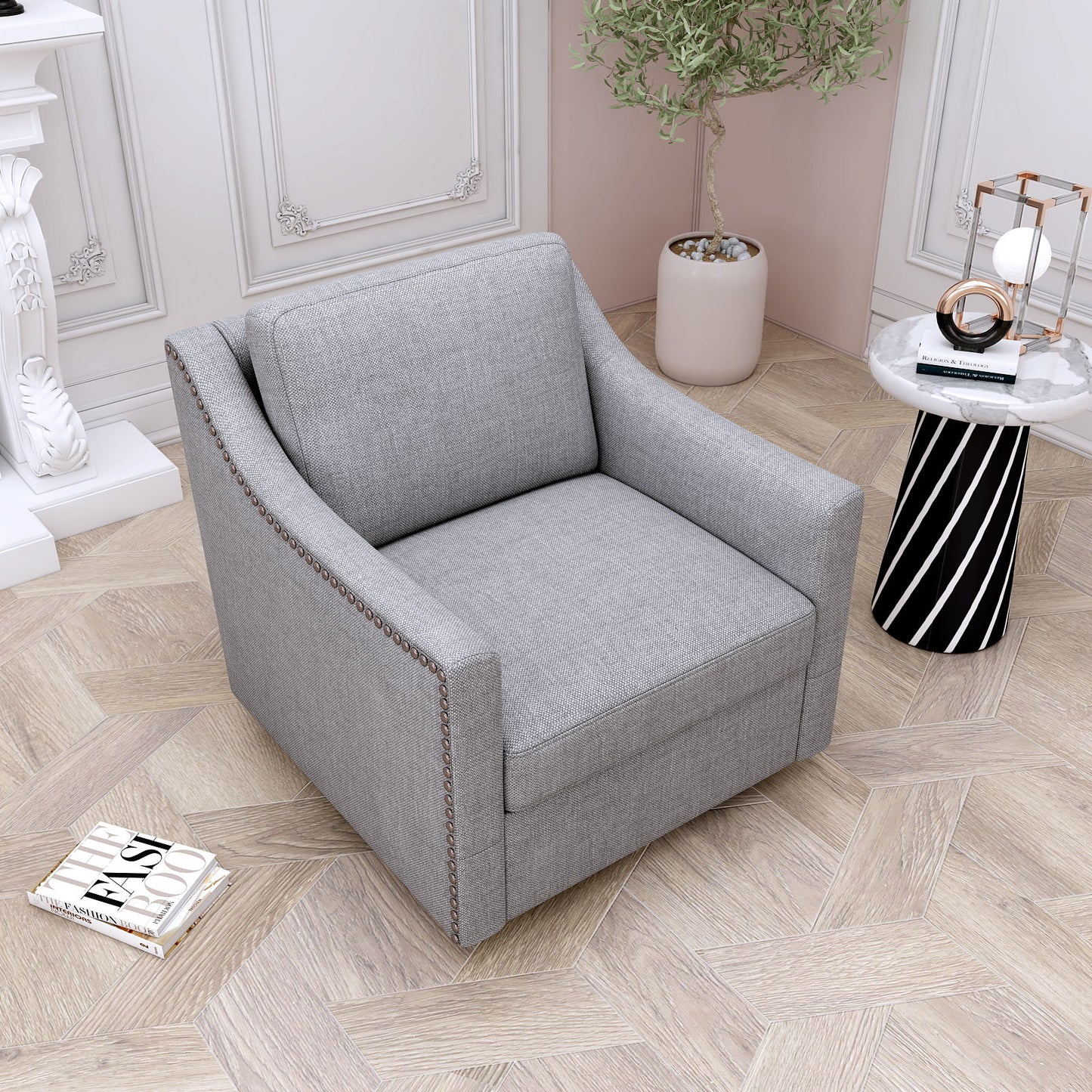 360 Degree Swivel Armchair Cotton Linen Skin - Friendly Fabric Ergonomic Design Brass Nail Decorative Armchair Living Room Chairs Bedroom Chairs Living Room Chairs Black Legs Suitable For Indoor Homes - Gray