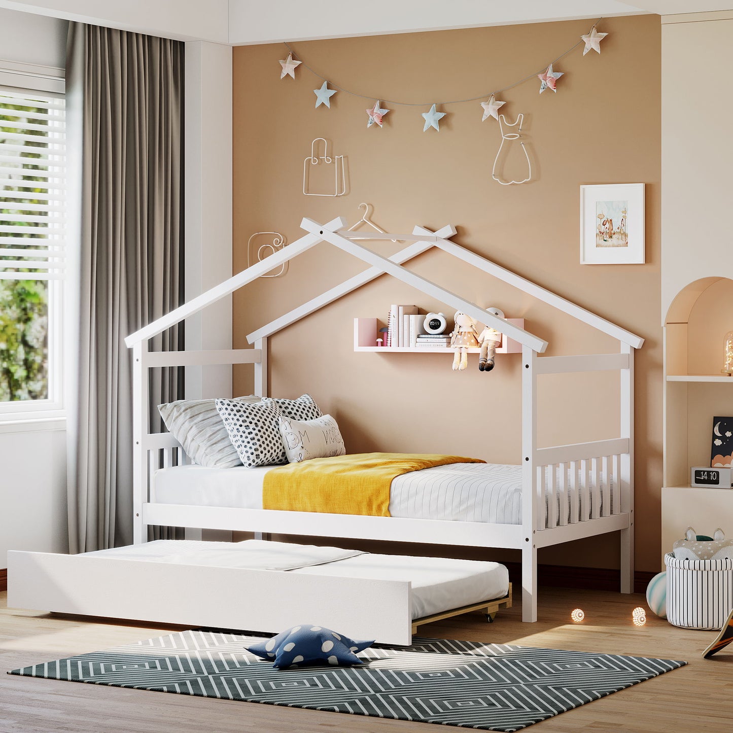 Twin Size House Bed With Twin Size Trundle - White