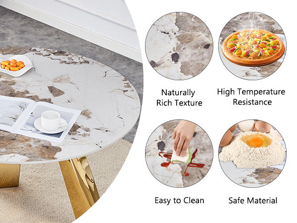 Stainless Steel Pattern Burning Stone Round Table Suitable For 2, 4 Or 6 People - Gold / White
