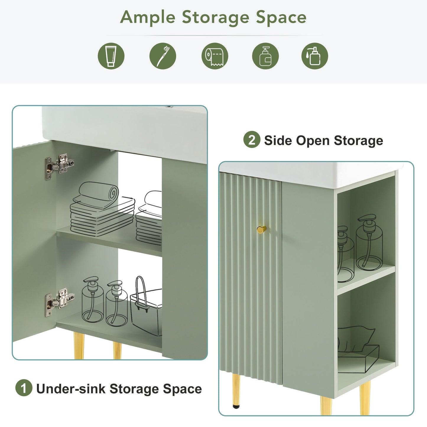 Bathroom Vanity, Combo Cabinet, Bathroom Storage Cabinet, Single Ceramic Sink, Right Side Storage - Green