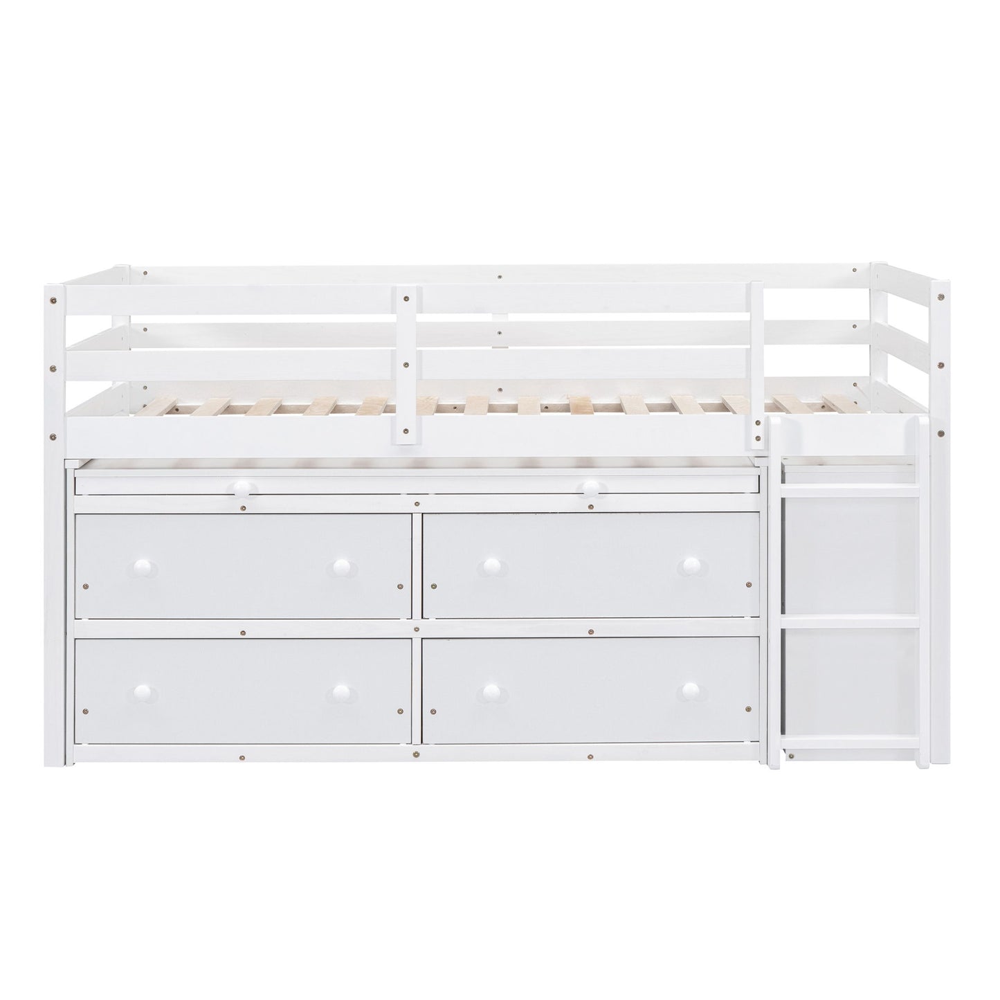 Twin Size Loft Bed With Retractable Writing Desk And 4 Drawers, With Lateral Portable Desk And Shelves - White