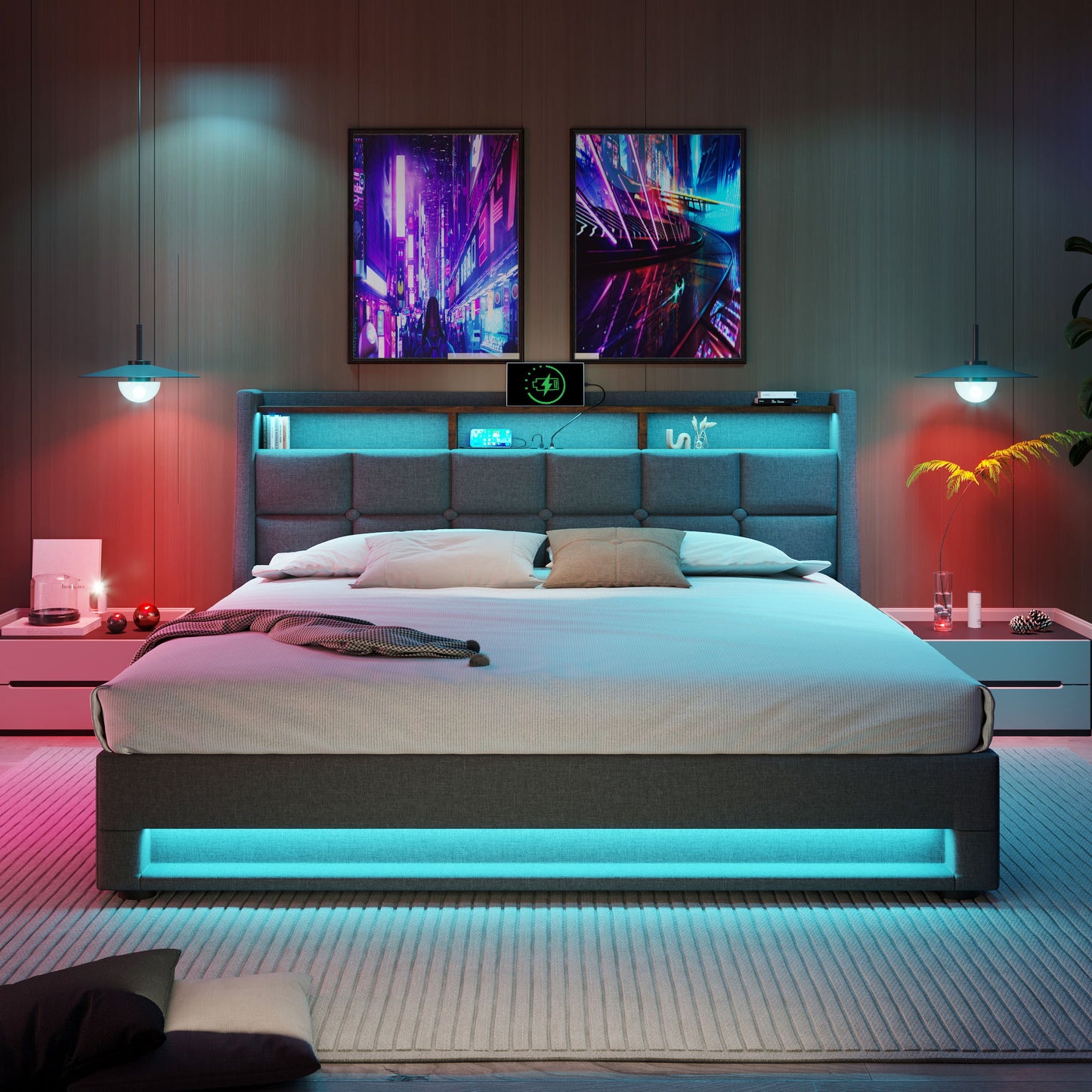 Full Size Upholstered Platform Bed With A Hydraulic Storage System, LED And USB Charging (Without Mattress) - Gray
