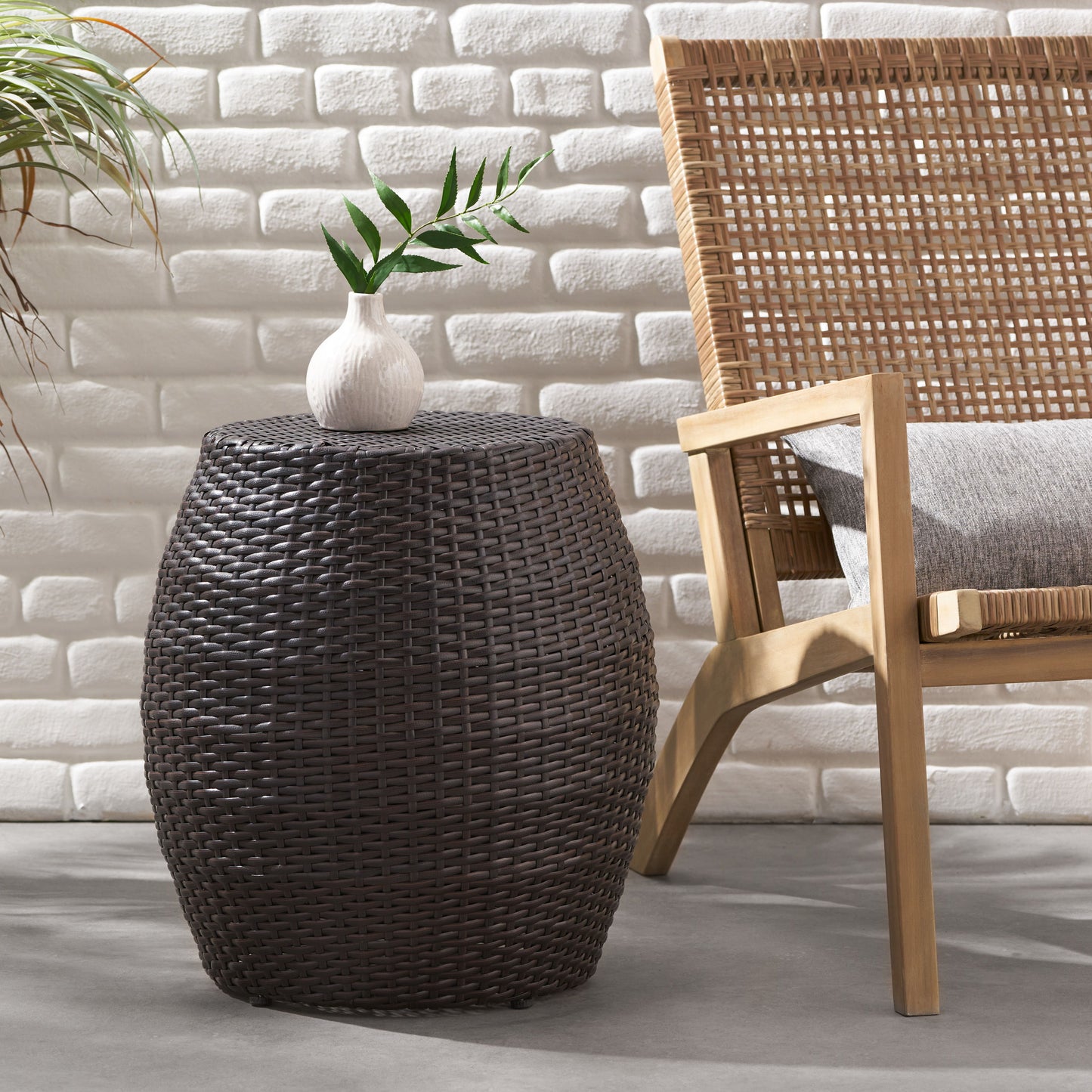 Outdoor Wicker Patio Side Table - Brown Multi