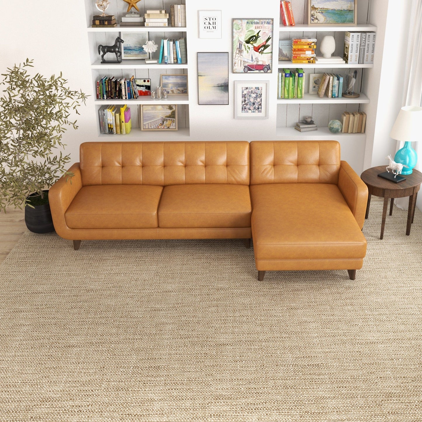 Allison - Right Facing Leather Sectional Sofa - Tan