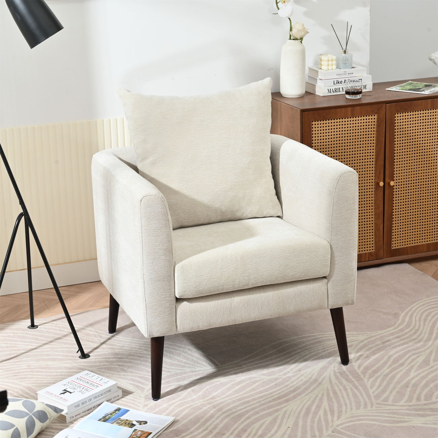 Modern Chenille Accent Chair, Upholstered Armchair For Living Room, Mid Century Fabric Lounge Chair With Pillow, Comfortable Reading Chair With Wood Legs For Living Room, Reception Room - Beige