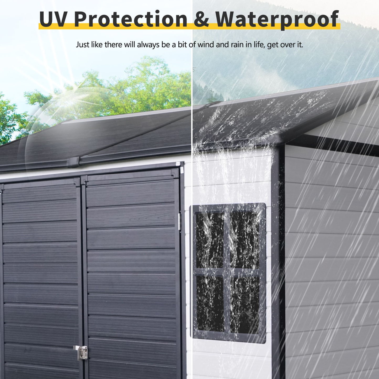8 X 6 Ft Resin Outdoor Storage Shed Waterproof Shed With Floor & Two Windows & Lockable Door, Tool Shed For Garden, Patio, Backyard - Gray / White