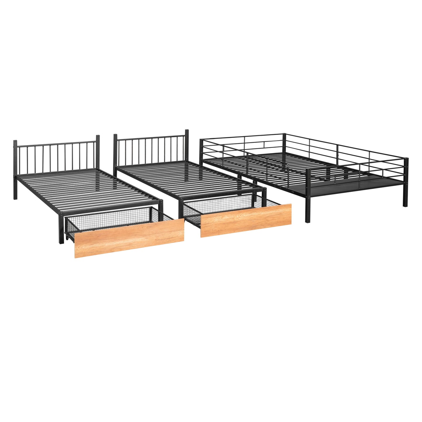 Full Over Twin & Twin Bunk Bed, Triple Bunk Bed With Drawers And Guardrails - Black