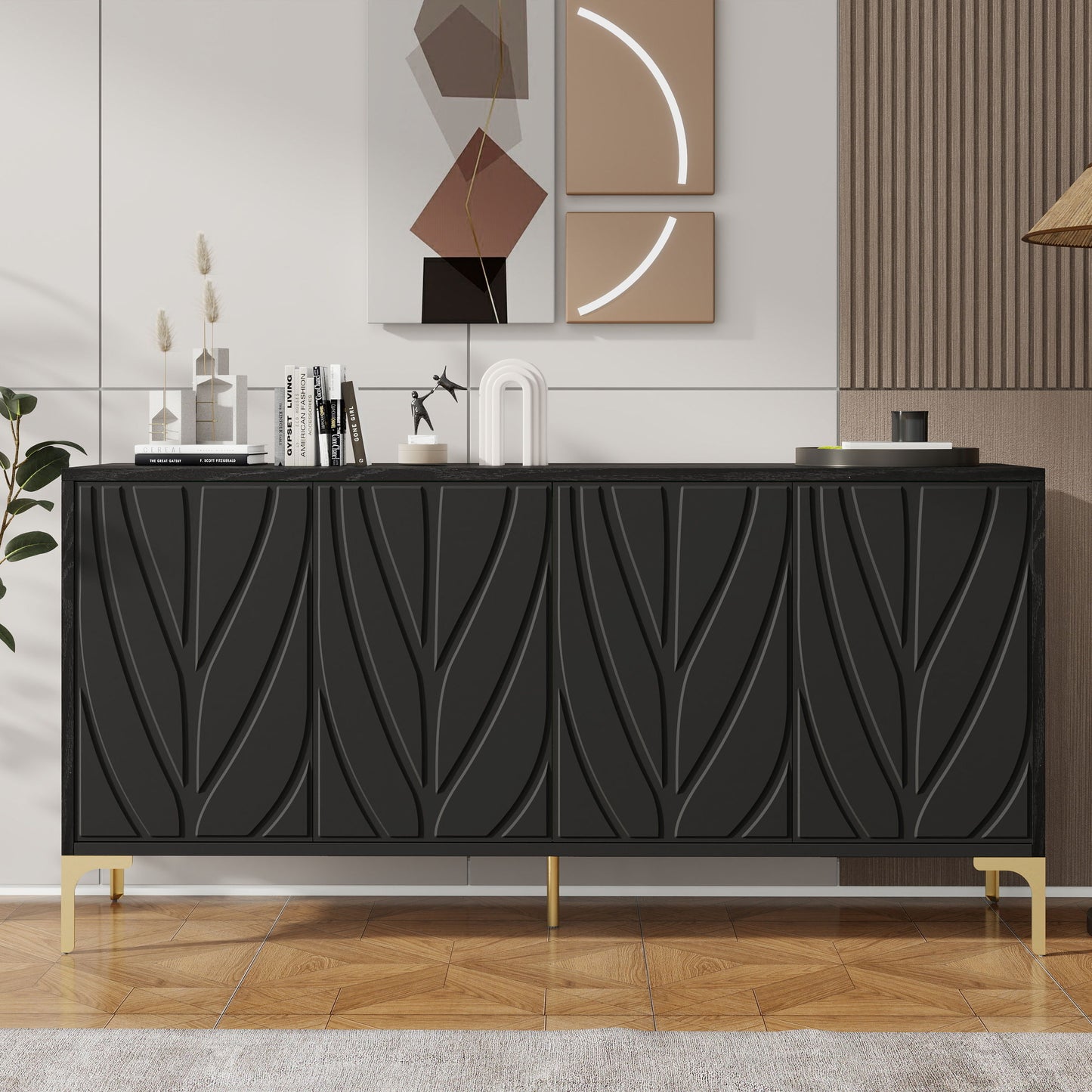 Modern Sideboard Buffet Cabinet With Handleless Press To Open Design, Carved Credenza Storage Cabinet With 4 Doors Construction - Black