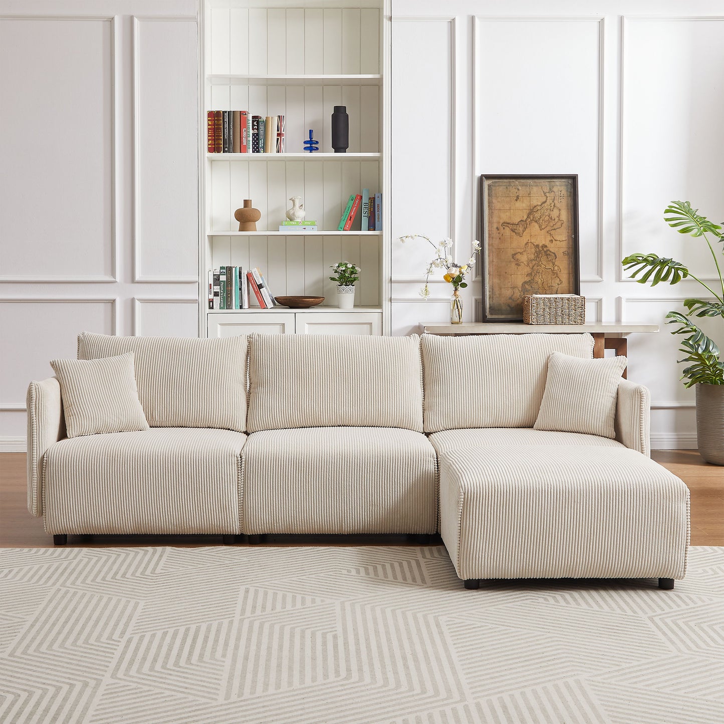 Multi Module Combination Style Sofa For Living Room And Other Lounge Spaces, Modern Minimalist Corduroy Combination Sofa With 2 Comfort Cushions With USB & C Charging Ports, 2 Sets - Beige