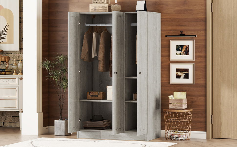 3 Door Shutter Wardrobe With Shelves - Gray
