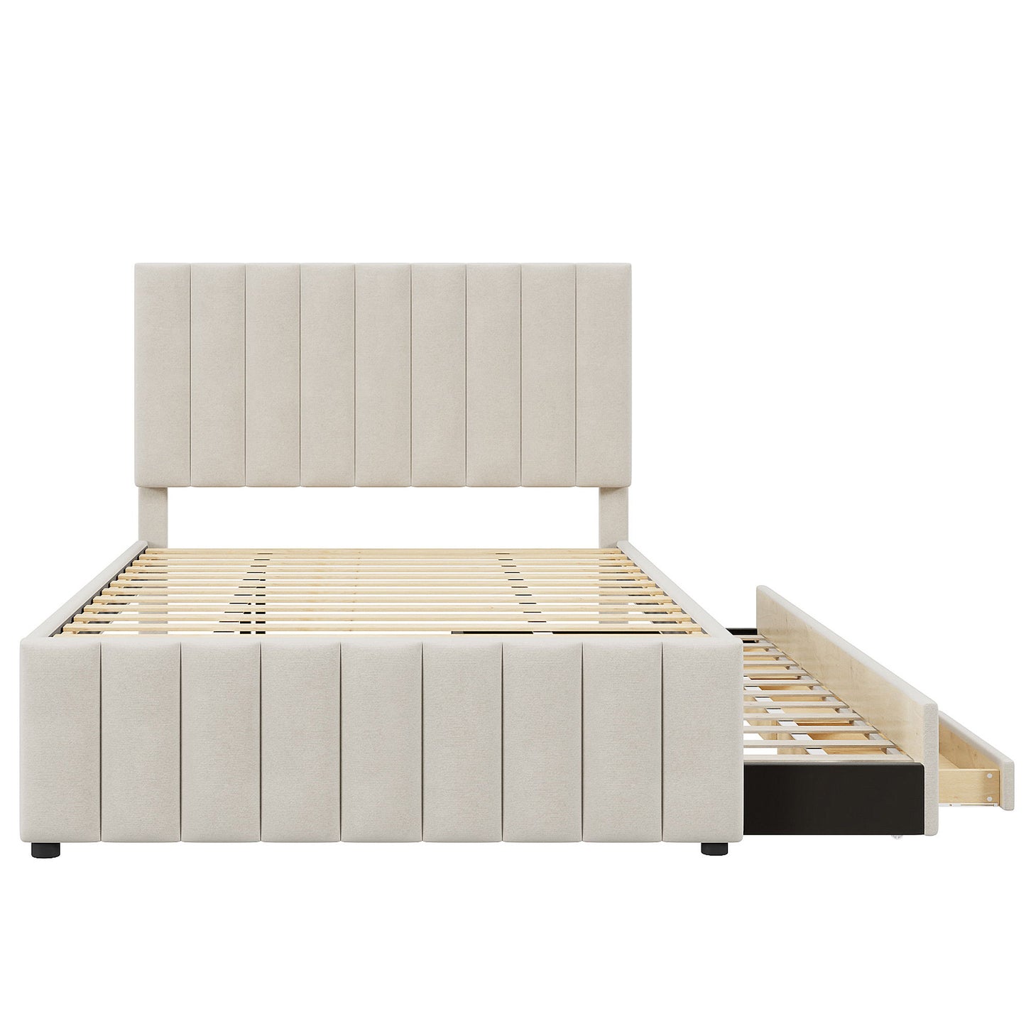 Full Size Upholstered Platform Bed With Twin Size Trundle And 3 Drawers - Beige