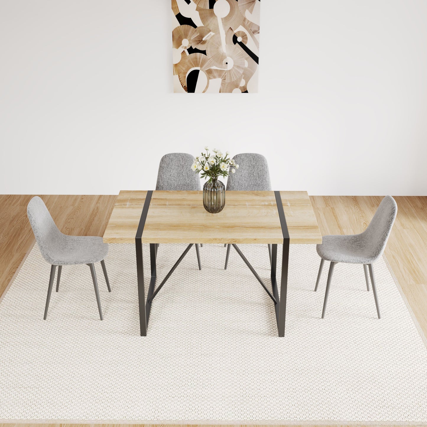 Modern Spoon Shape Dining Chairs (Set of 4) With Linen Upholstered Seat And Metal Legs - Light Gray