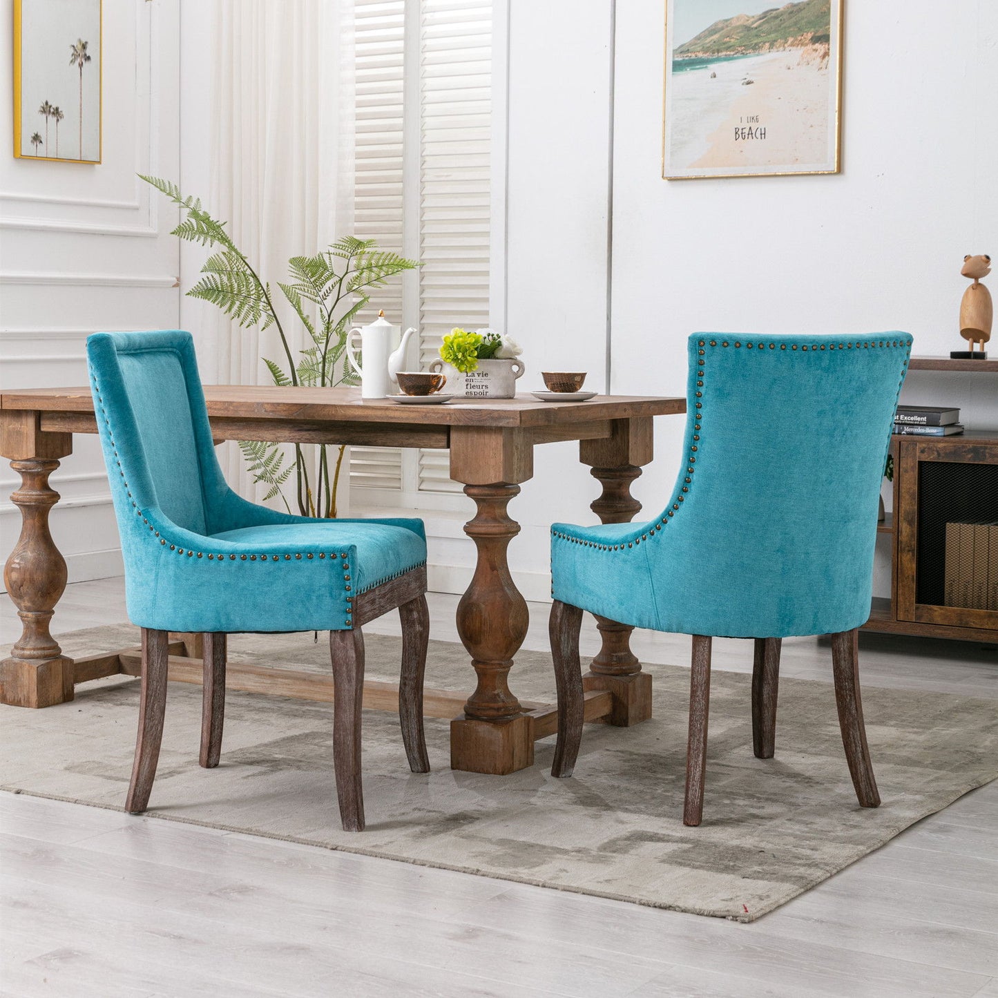 Ultra Side Dining Chair,Thickened Fabric Chairs With Neutrally Toned Solid Wood Legs, Bronze Nail Head (Set of 2) - Blue
