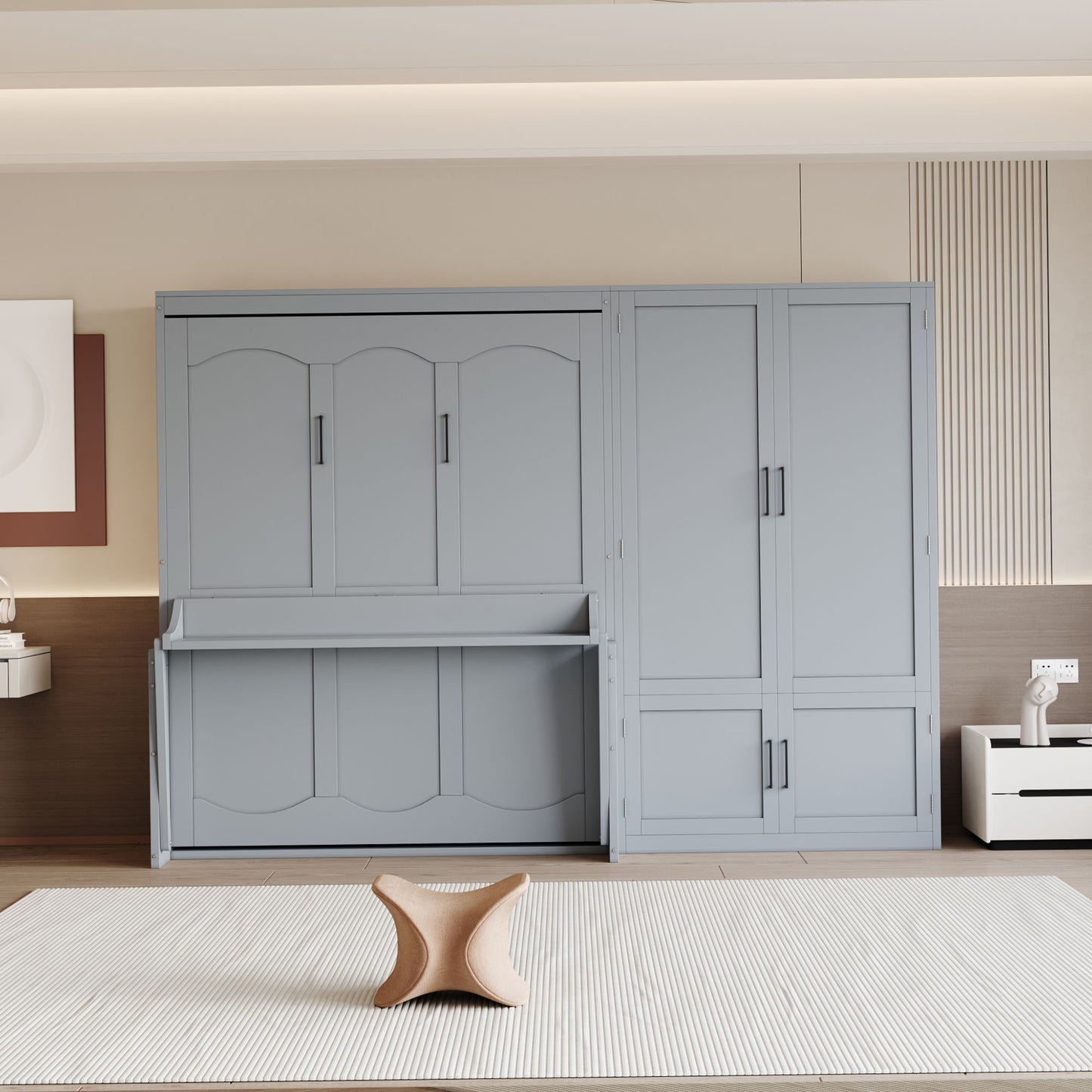 Queen Size Murphy Elegant Wall Bed With Closet - Gray