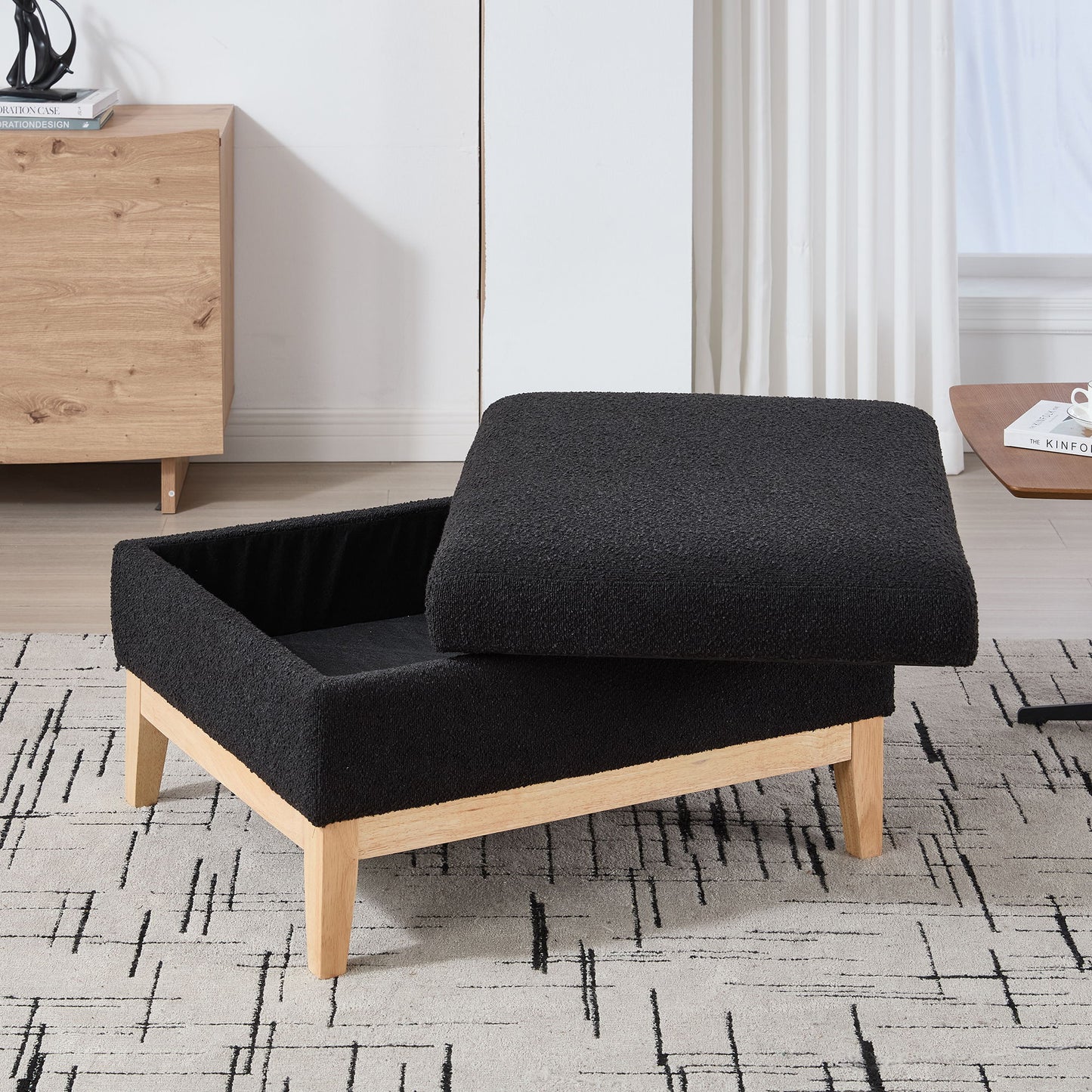Upholstered Storage Ottoman With Reversible Lid Coffee Table, Foot Stool Square Footrest With Rubberwood Legs For Living Room Bedroom Entryway And Office - Black