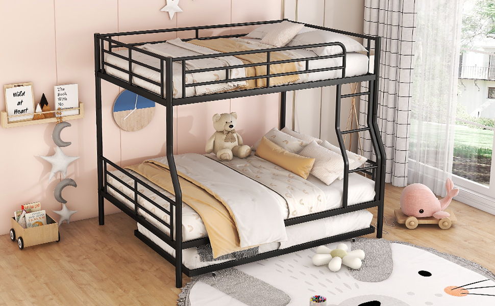 Full Long Over Queen Metal Bunk Bed With Trundle - Black