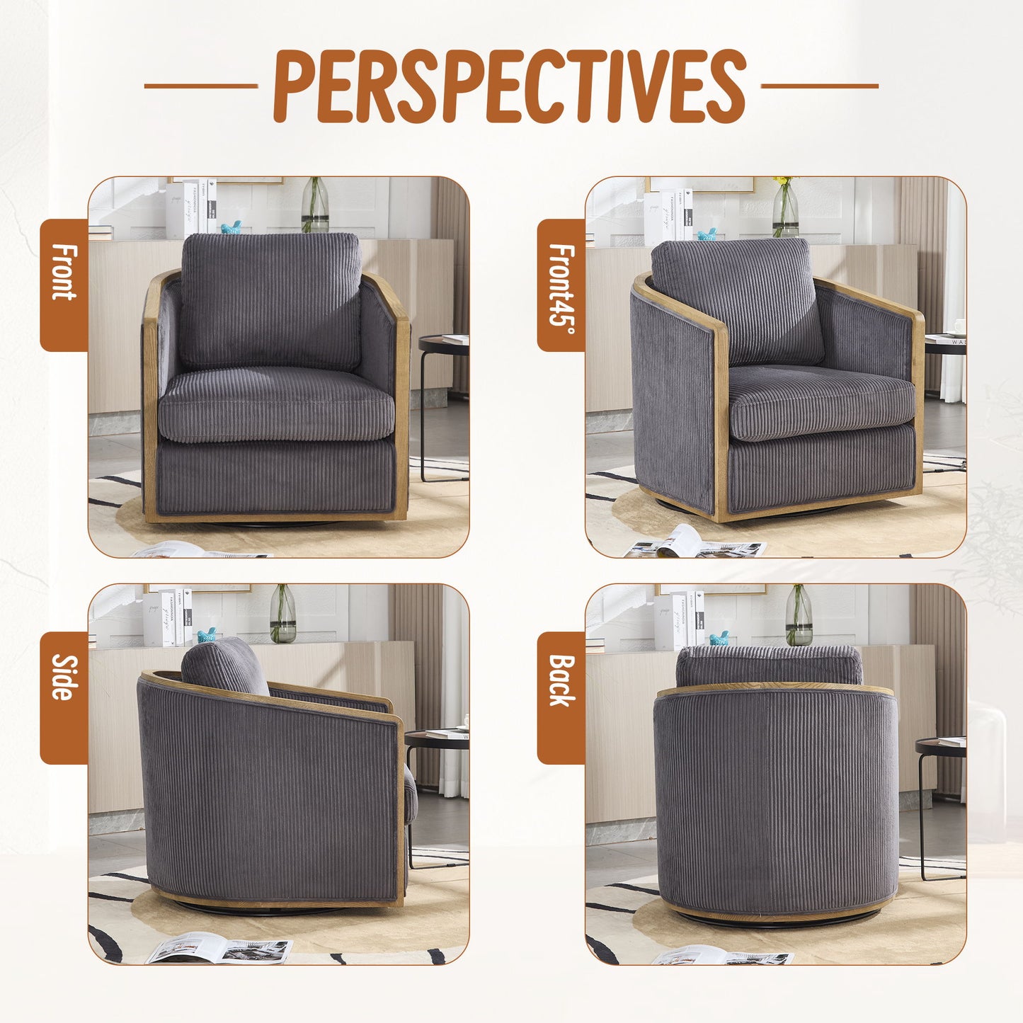 Corduroy Swivel Barrel Chair, Comfortable Accent Sofa, 360 Degree Swivel - Dark Gray