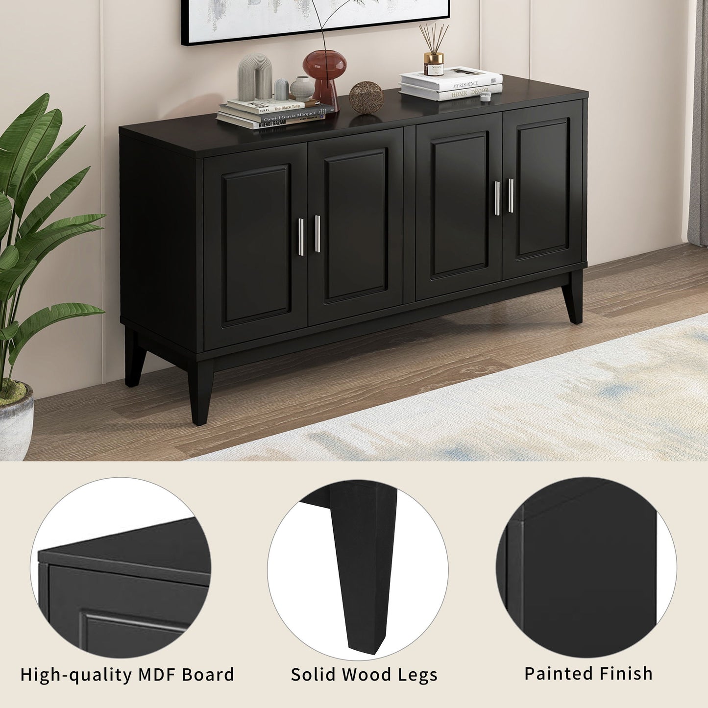 4 Door Sideboard Storage Cabinet With Door Shelf For Living Room And Dining Room, 2 Large Cabinets With Adjustable Shelf - Black