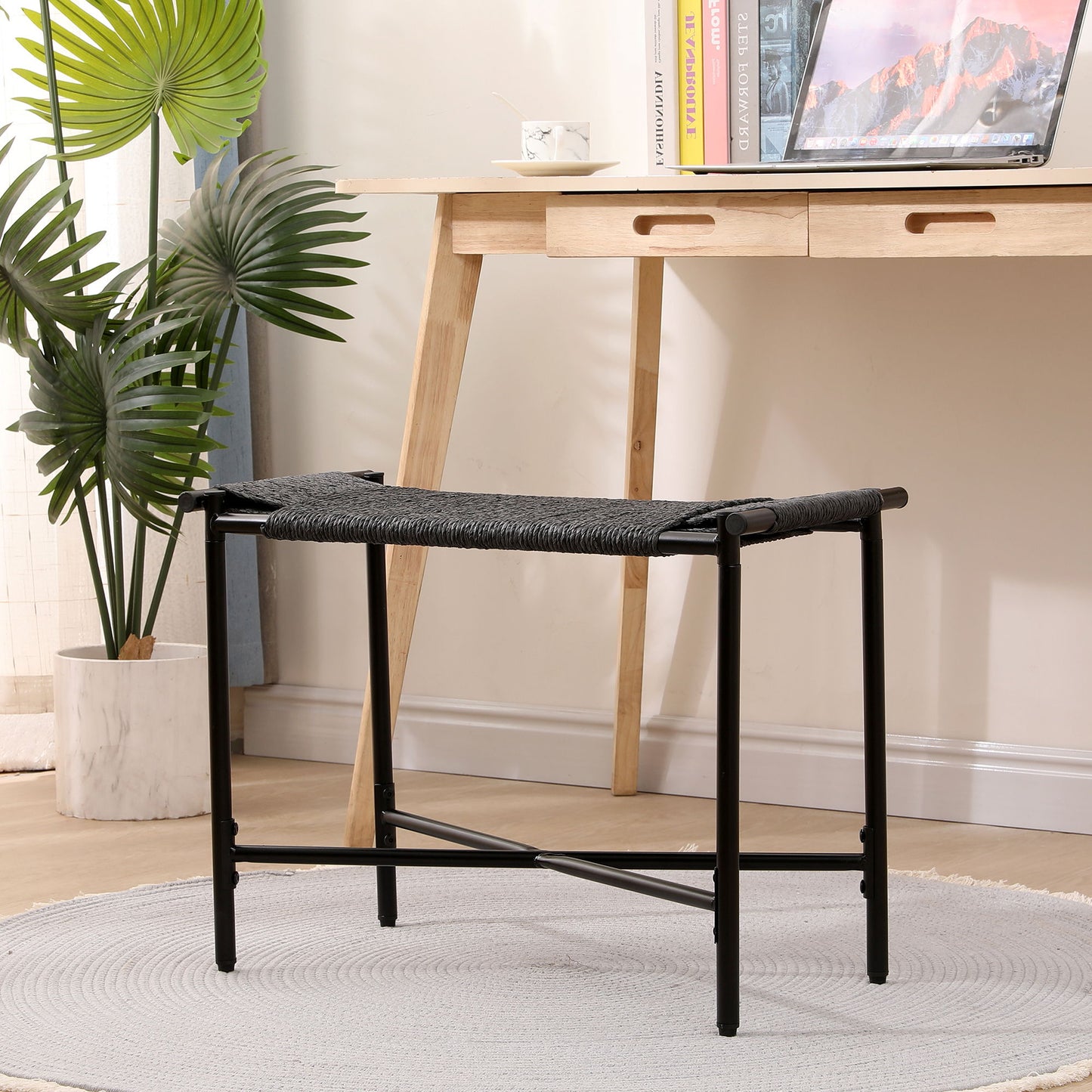 Handwoven Paper Rope Foot Rest Shoes Stools Ottomans For Entryway, Living Room, Bedroom & Office - Black