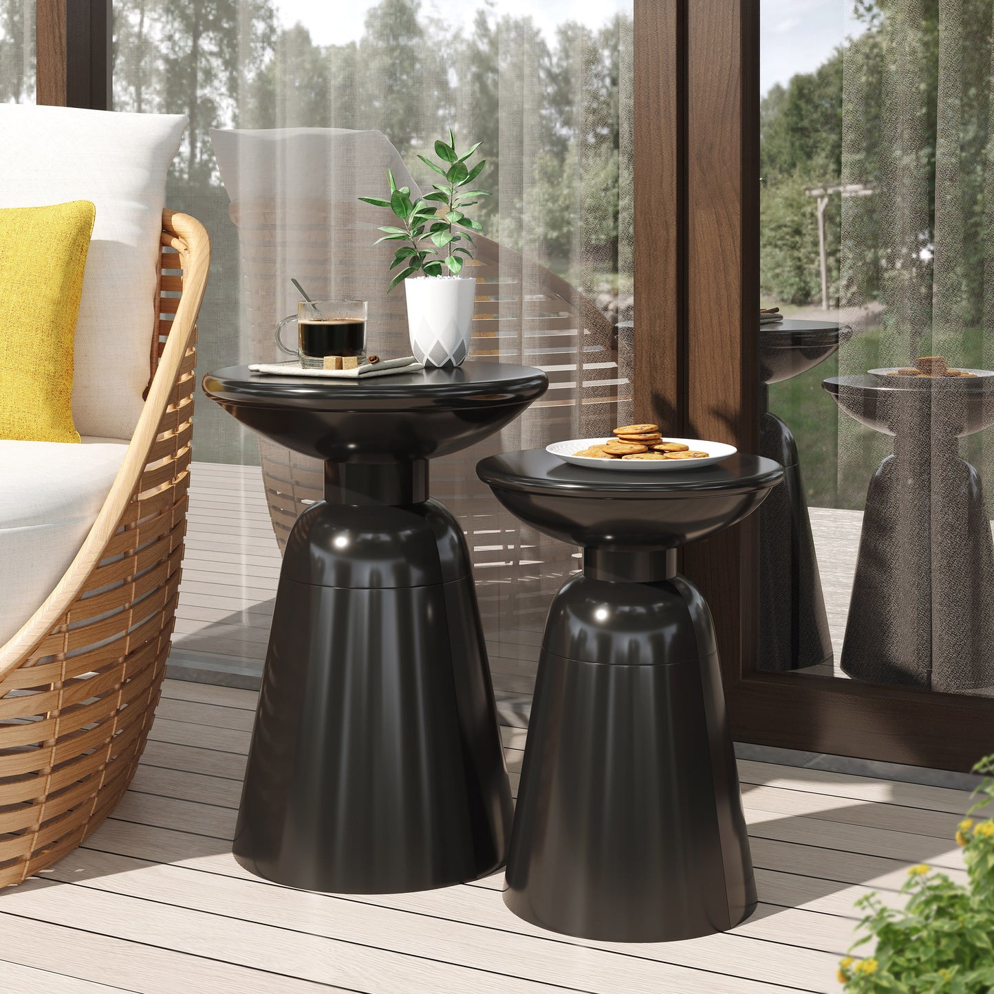 Serenita - Outdoor Iron Side Tables With Flared Design, (Set of 2) - Black