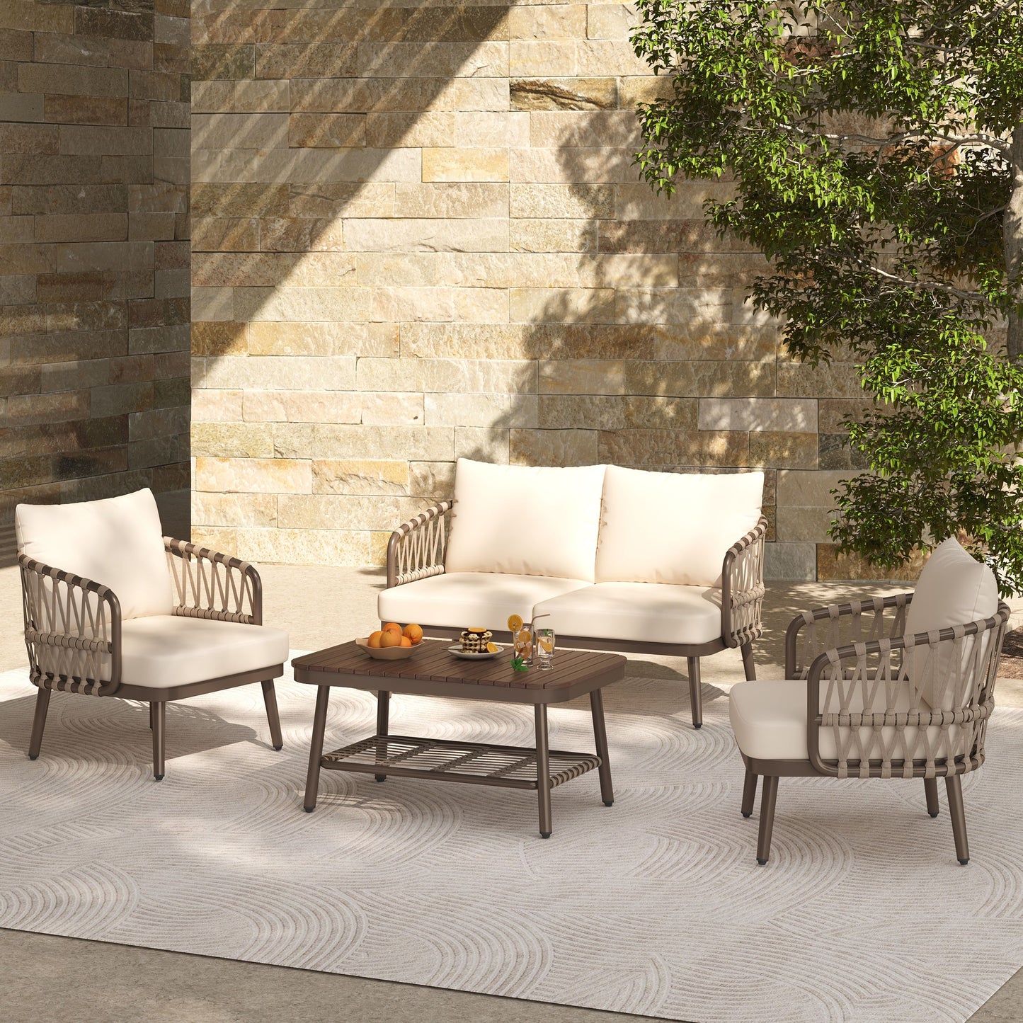 4 Piece Outdoor Patio Furniture Set, Metal Chairs With Woven Rope U Shaped Backrest, Outdoor Conversation Set With Thick Cushions And Coffee Table For Garden, Poolside, Balcony - Brown / Beige