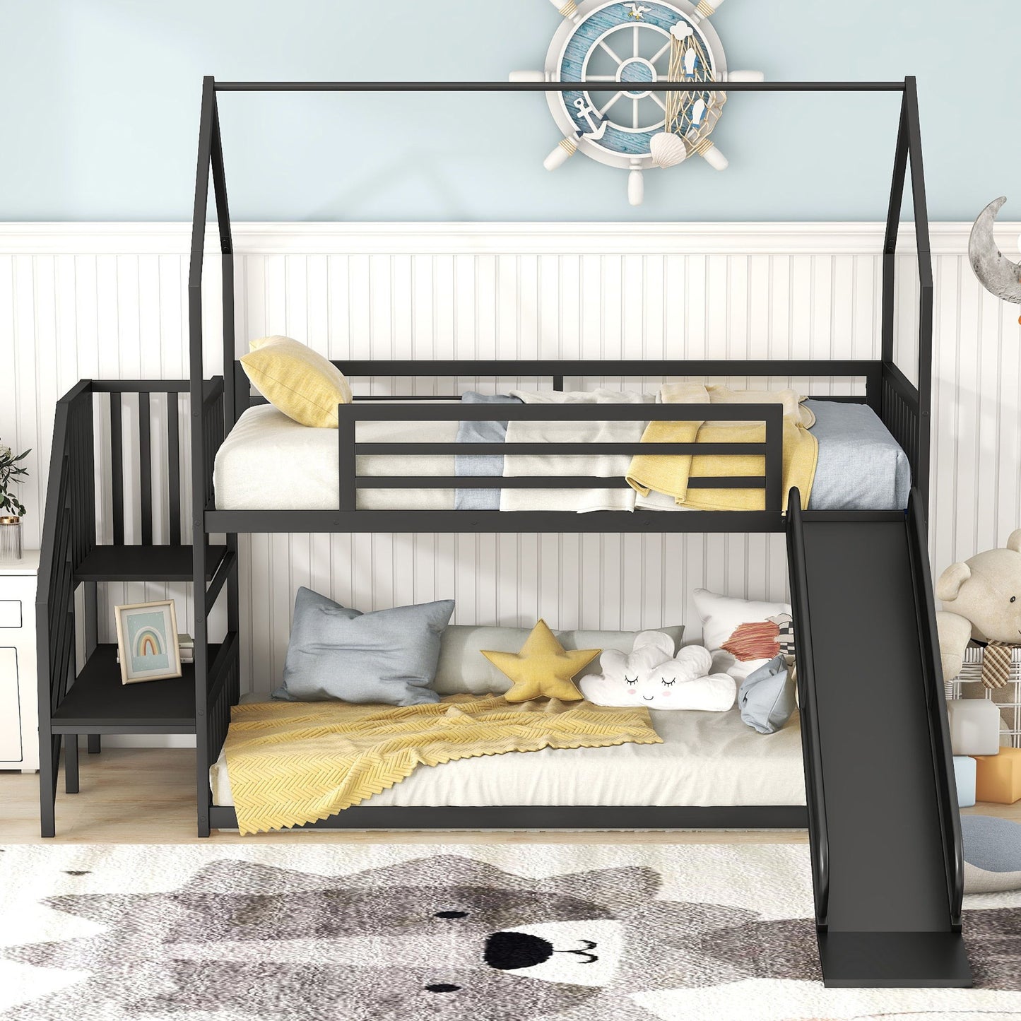 Twin Size Metal Bunk Bed House Bed With Slide And Staircase - Black
