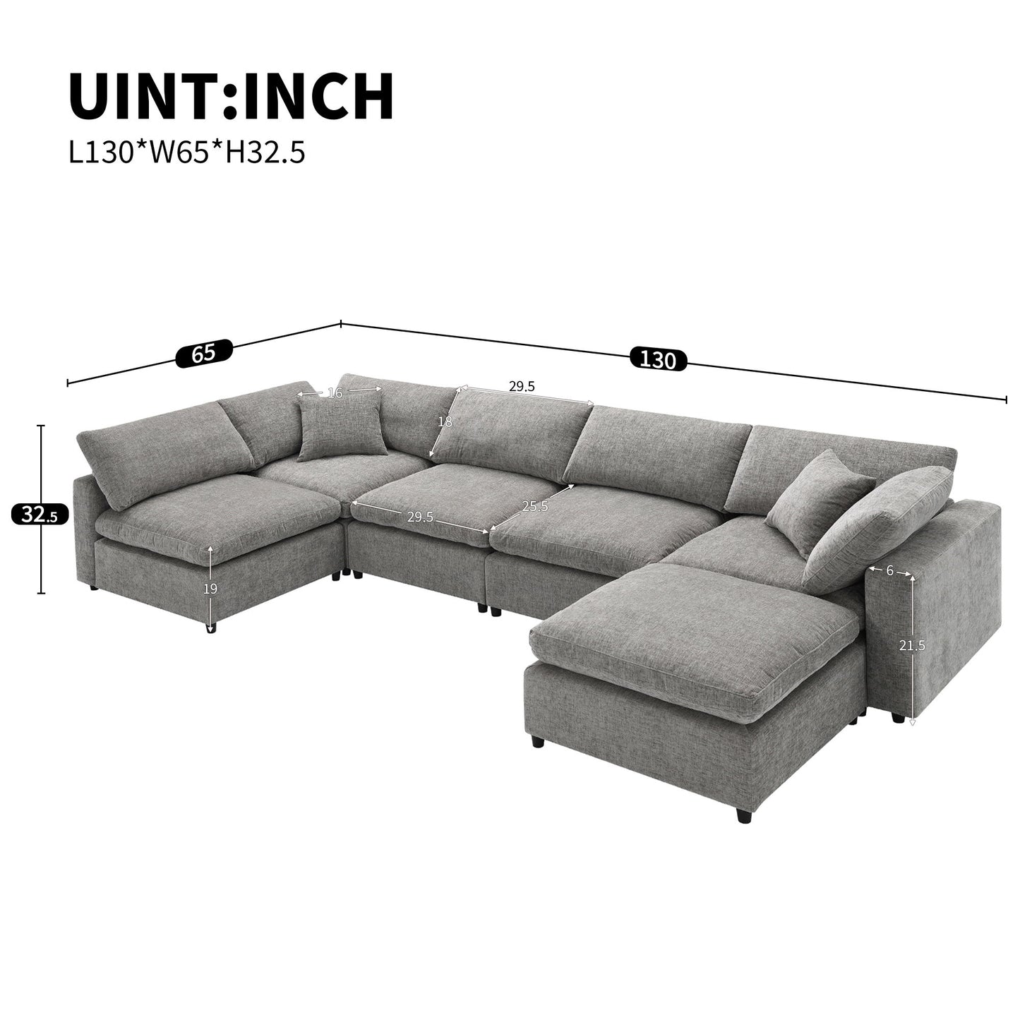 Modern Modular Cloud Sofa Bed, 6 Seat Chenille Sectional Couch Set With Ottoman, Free Combination, Convertible U Shaped Sleeper Sofa - Gray