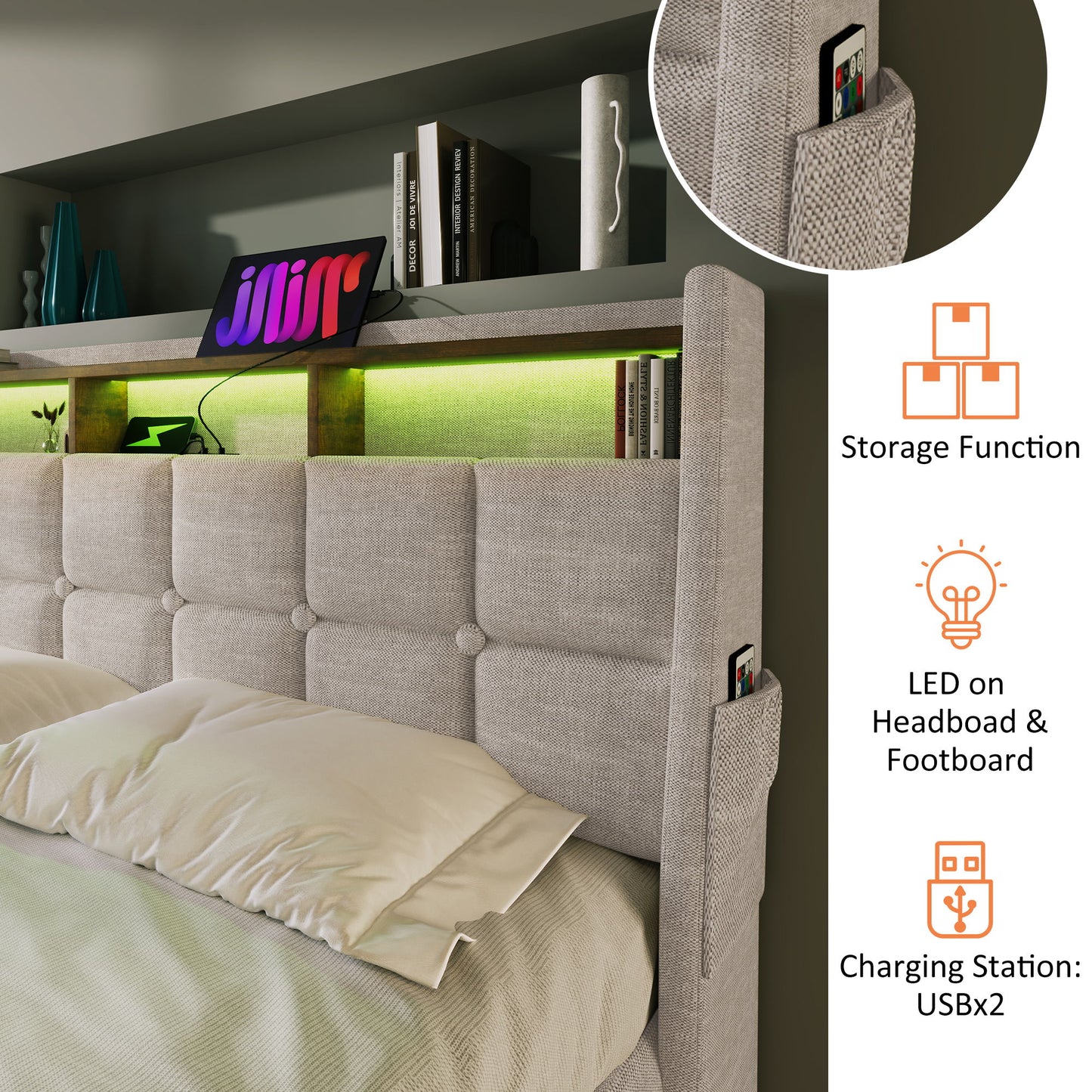 Full Size Upholstered Platform Bed With A Hydraulic Storage System, LED And USB Charging (Without Mattress) - Natural