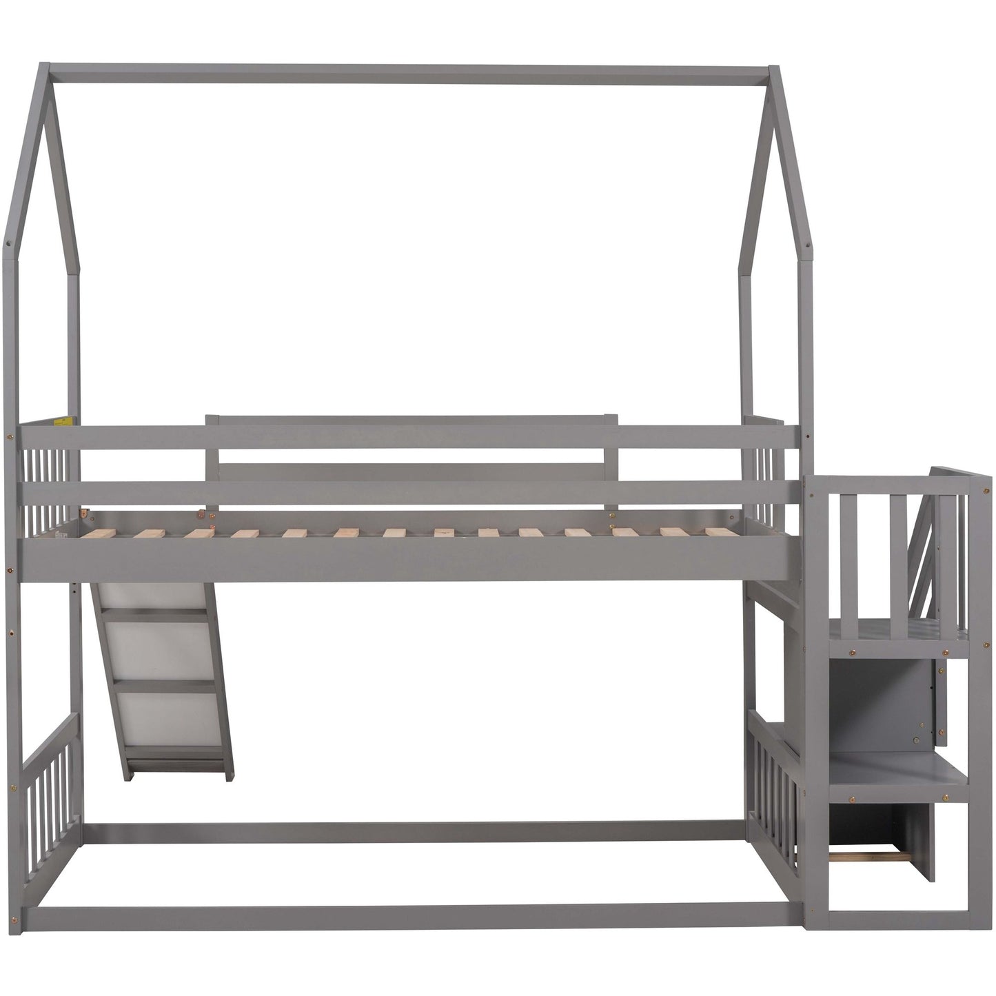 Twin Over Twin House Bunk Bed With Convertible Slide, Storage Staircase Can Be Placed Left Or Right - Gray