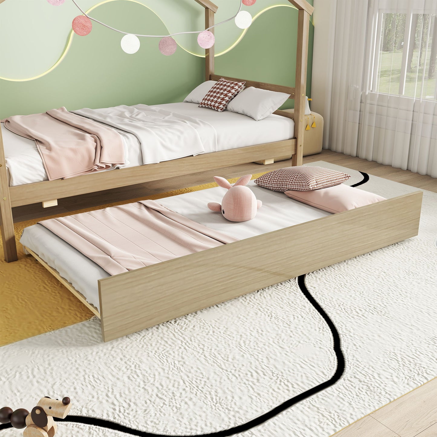 Twin Size House-Shaped Bed With Trundle - Natural