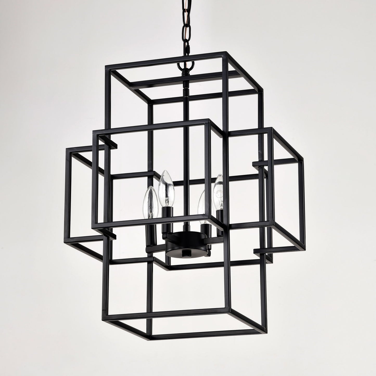 4 Light Metal Lantern Tiered Pendant Hanging Light Fixtures, Industrial Farmhouse Adjustable Height Chandeliers For Dining Room Hallway Foyer Entryway (E12 Bulbs Not Included) - Matte Black