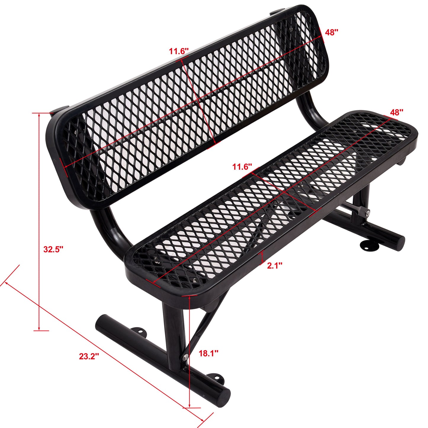 4' Outdoor Steel Bench With Backrest - Black