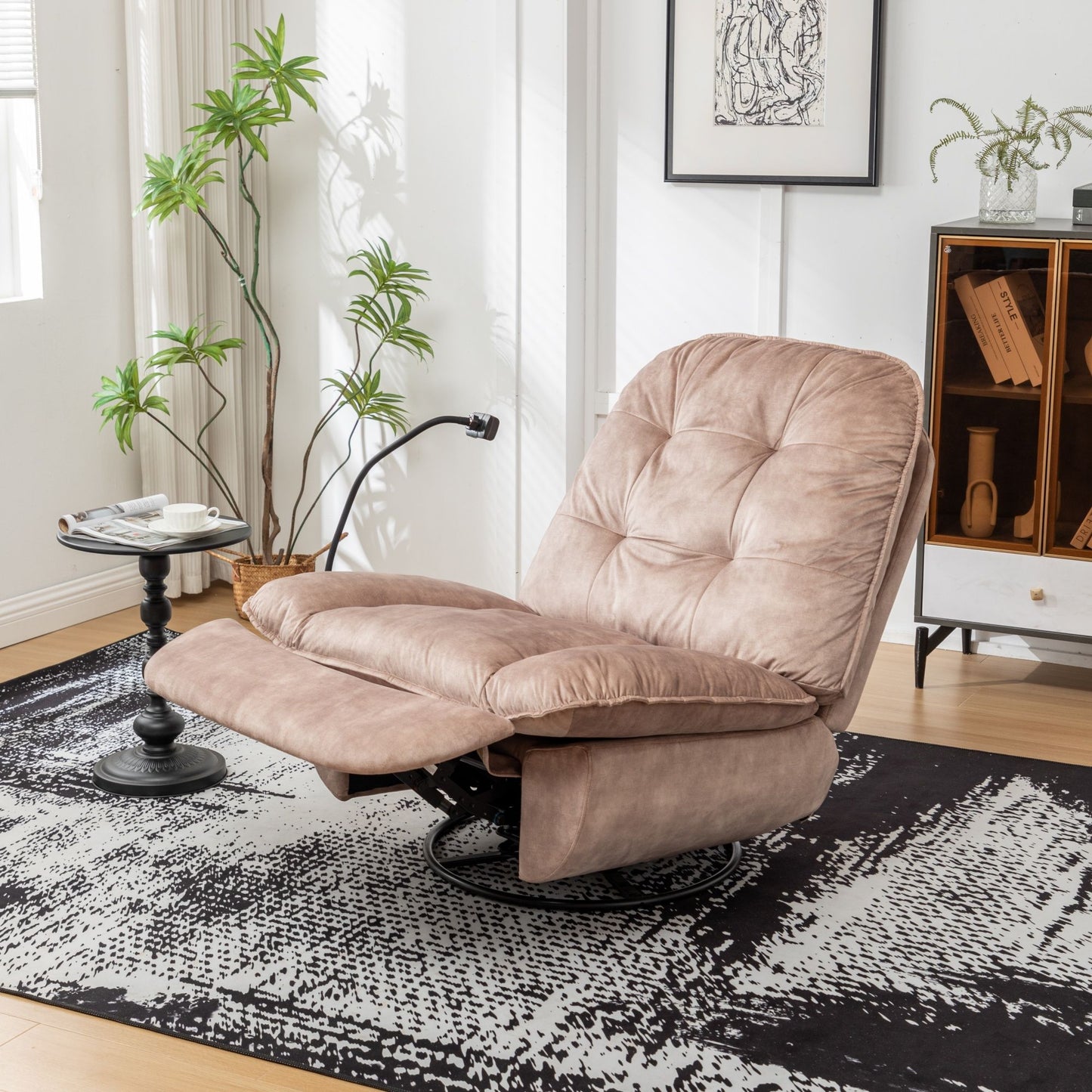 Modern Swivel Gliding Recliner Chair With Rocking Function And Phone Holder - Large Comfortable Reading Chair Stamped Velvet - Natural Brown