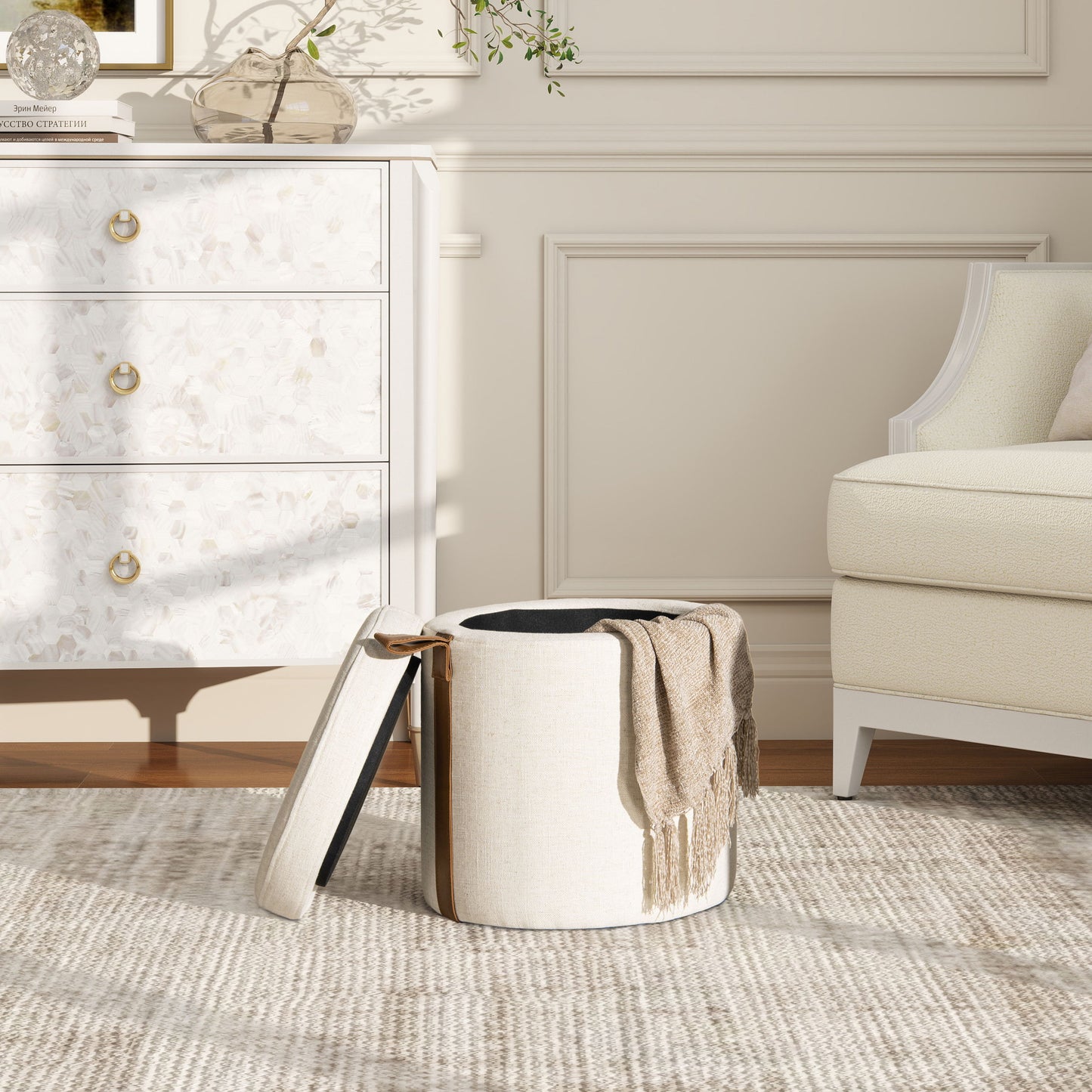 Brandy - Round Upholstered Storage Ottoman With Leather Accent - Flax White